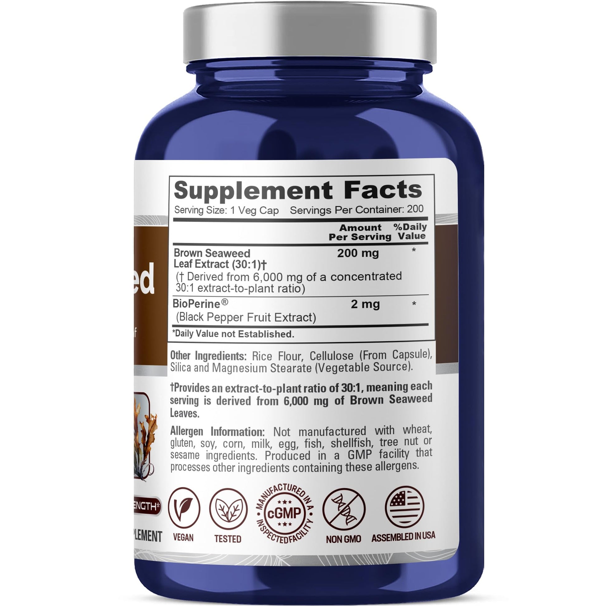NusaPure Brown Seaweed 30:1 Extract, 200 mg Equivalent to 6,000 mg 200 Veggie Capsules - (Vegan, Non-GMO Bioperine) NusaPure uk supplements