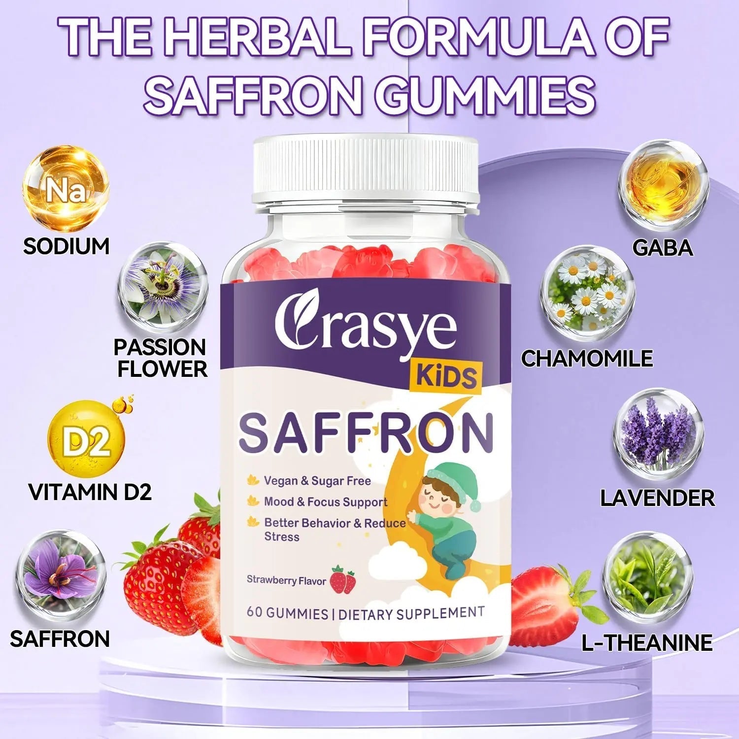 Crasye Saffron Gummies for Kids 100% Pure Organic Saffron Extract Sugar Free Saffron Supplements Gummy for Children Calm Mood & Focus - 60 Gummies Crasye uk supplements