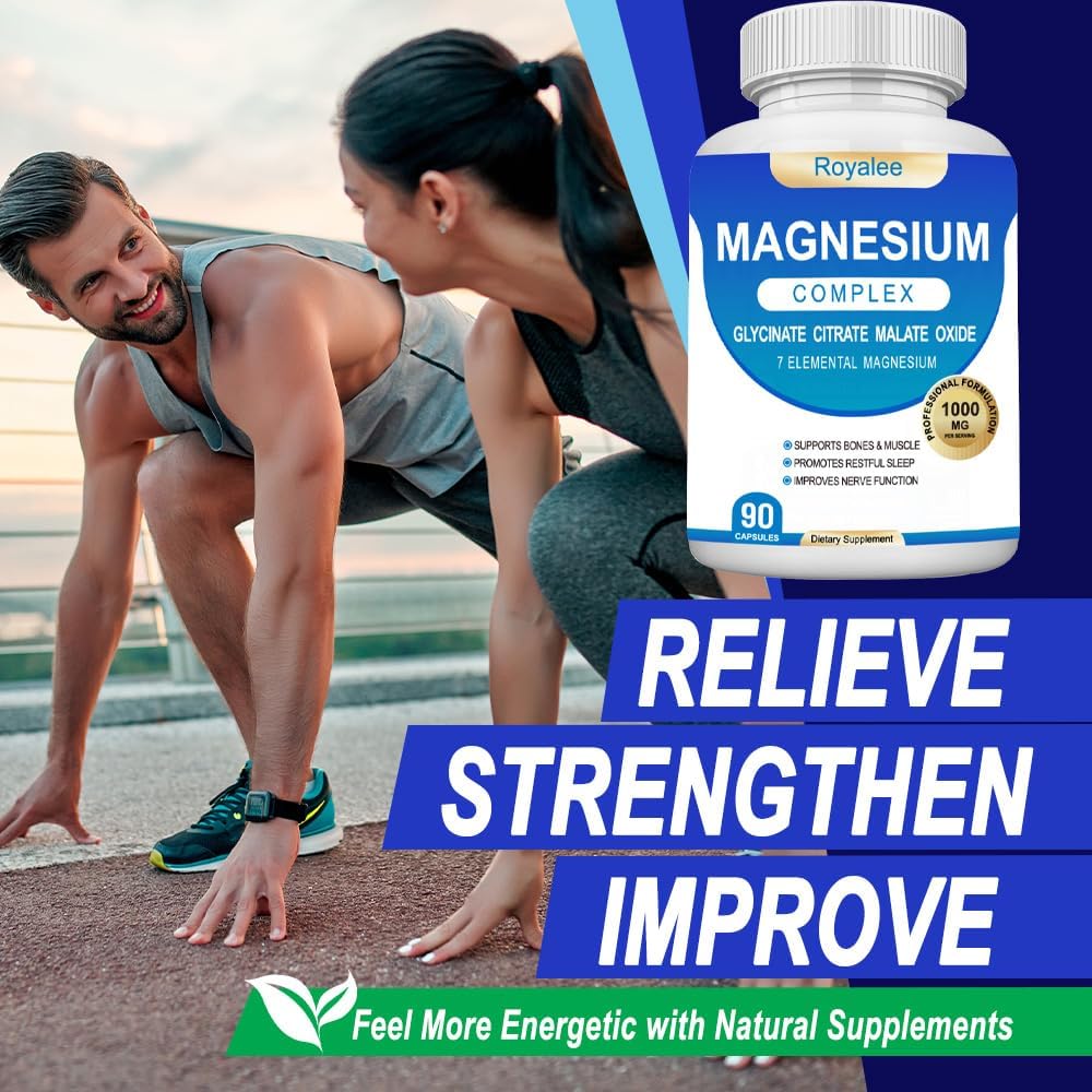 Magnesium Complex Supplement - 1000mg with 7 Magnesium Forms Including Glycinate, Citrate, Malate, Taurate & Orotate - Supports Relaxation, Muscle Function & Bone Strength - 90 Capsules Royalee uk supplements