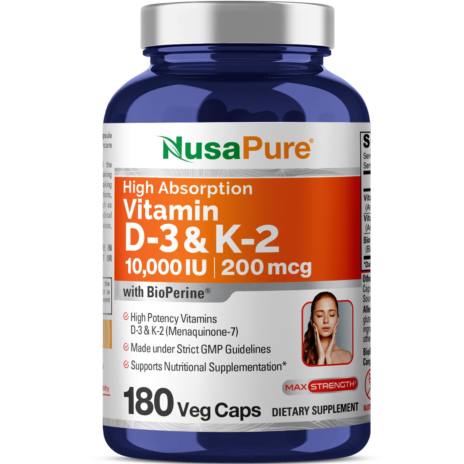 NusaPure Vitamin K2 (MK7) (200mcg) + Vitamin D3 (10000 IU) 180 Veg Caps - Bioperine, Soyfree, Non-GMO NusaPure uk supplements