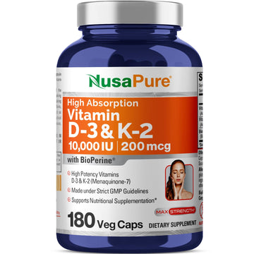 NusaPure Vitamin K2 (MK7) (200mcg) + Vitamin D3 (10000 IU) 180 Veg Caps - Bioperine, Soyfree, Non-GMO NusaPure uk supplements