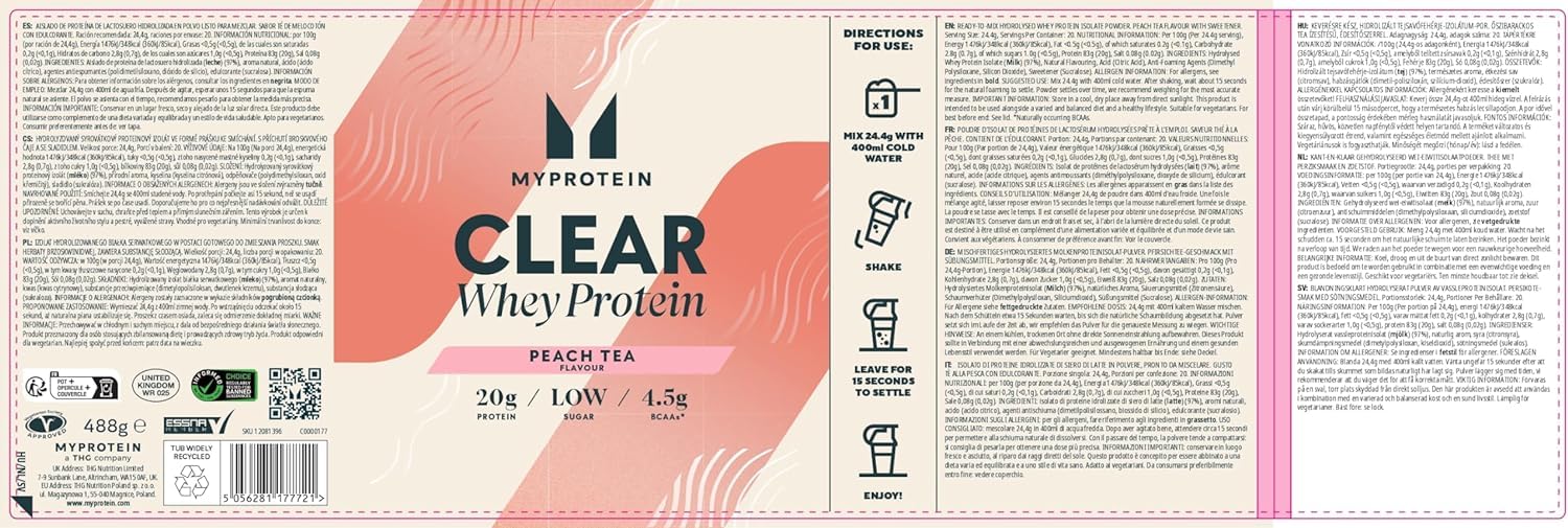 Myprotein Clear Whey Isolate Protein Powder - Peach Tea - 488g - 20 Servings Myprotein uk supplements