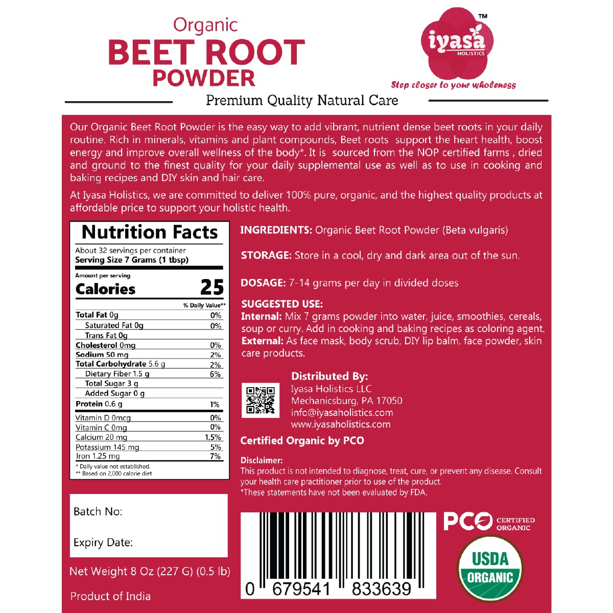 Iyasa Organic Beet Root Powder, Plant Based, Vegan, Gluten-Free, Beetroot Superfood Iyasa Holistics uk supplements