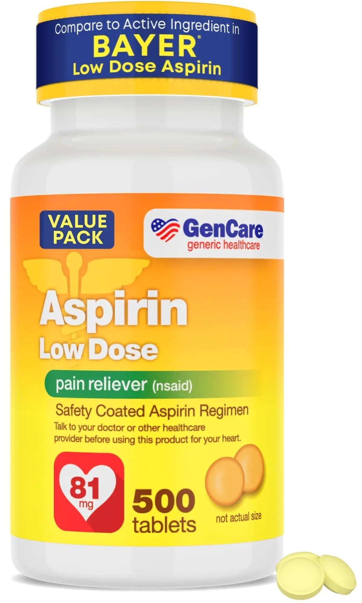 GenCare - Low Dose Aspirin 81mg for Adults Coated (NSAID) 500 Tablets | Adult Low Dose | Enteric Coated Aspirin Pills | Muscle Pain & Menstrual Pain Relief | Fever Reducer | Generic Bayer GenCare uk supplements
