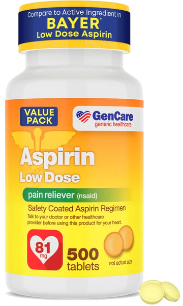 GenCare - Low Dose Aspirin 81mg for Adults Coated (NSAID) 500 Tablets | Adult Low Dose | Enteric Coated Aspirin Pills | Muscle Pain & Menstrual Pain Relief | Fever Reducer | Generic Bayer GenCare uk supplements