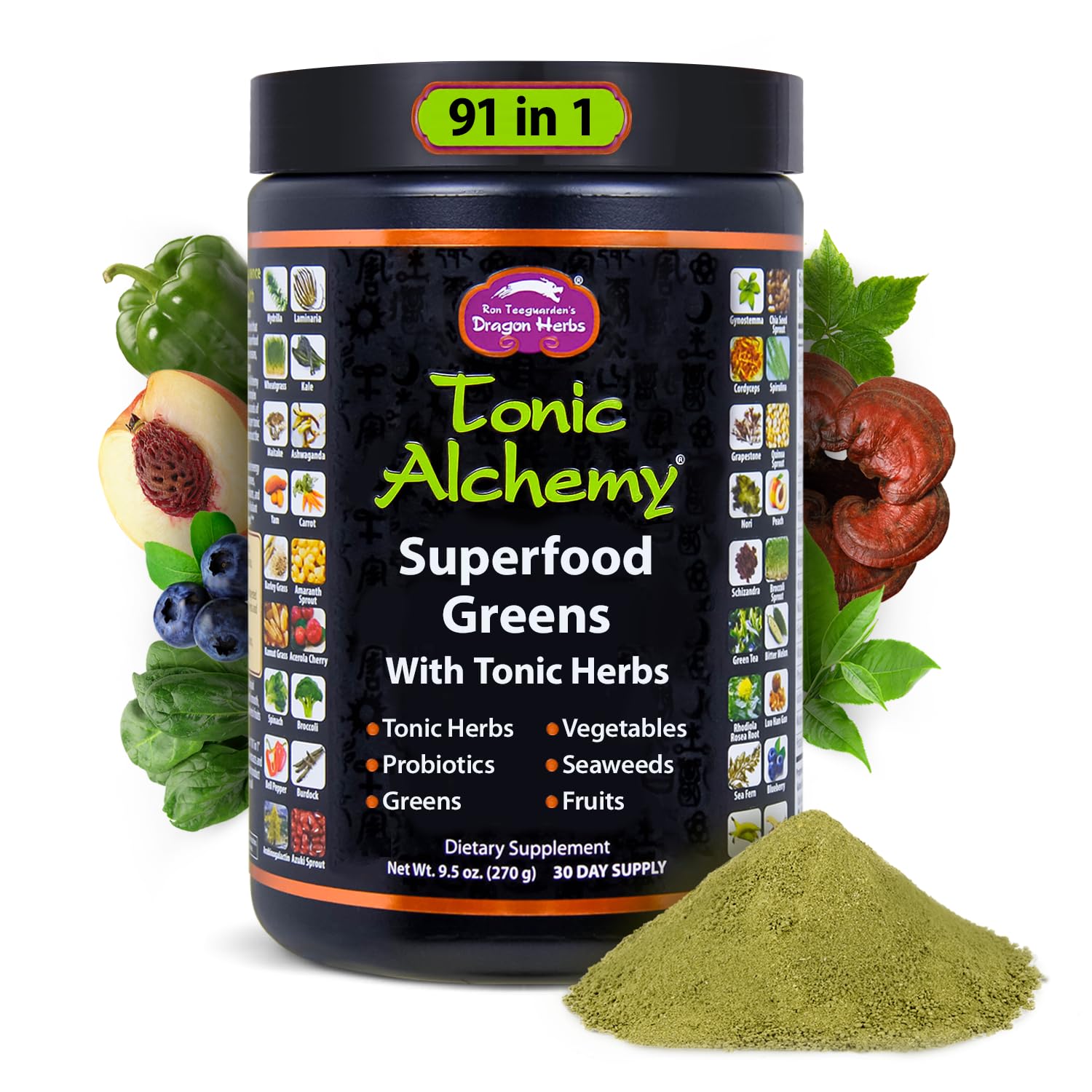 Dragon Herbs Tonic Alchemy Superfood Greens Powder with 91 Ingredients: Tonic Herbs, Ashwagandha, Mushrooms, Probiotics, Super Greens, Seaweeds, Fruits, Vegetables, Spirulina - 30 Servings Dragon Herbs uk supplements
