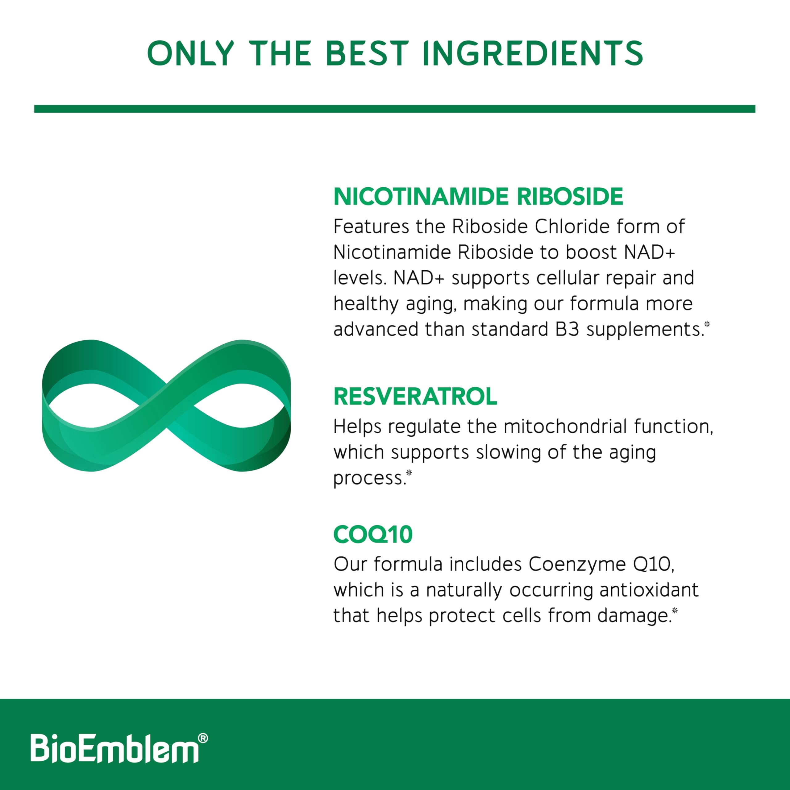 BioEmblem NAD+ Supplement | 300 mg Nicotinamide Riboside with CoQ10 & Resveratrol | Supports Healthy Aging, Cellular Energy and Cognitive Function | Non-GMO, Gluten Free - 45 Capsules BioEmblem uk supplements