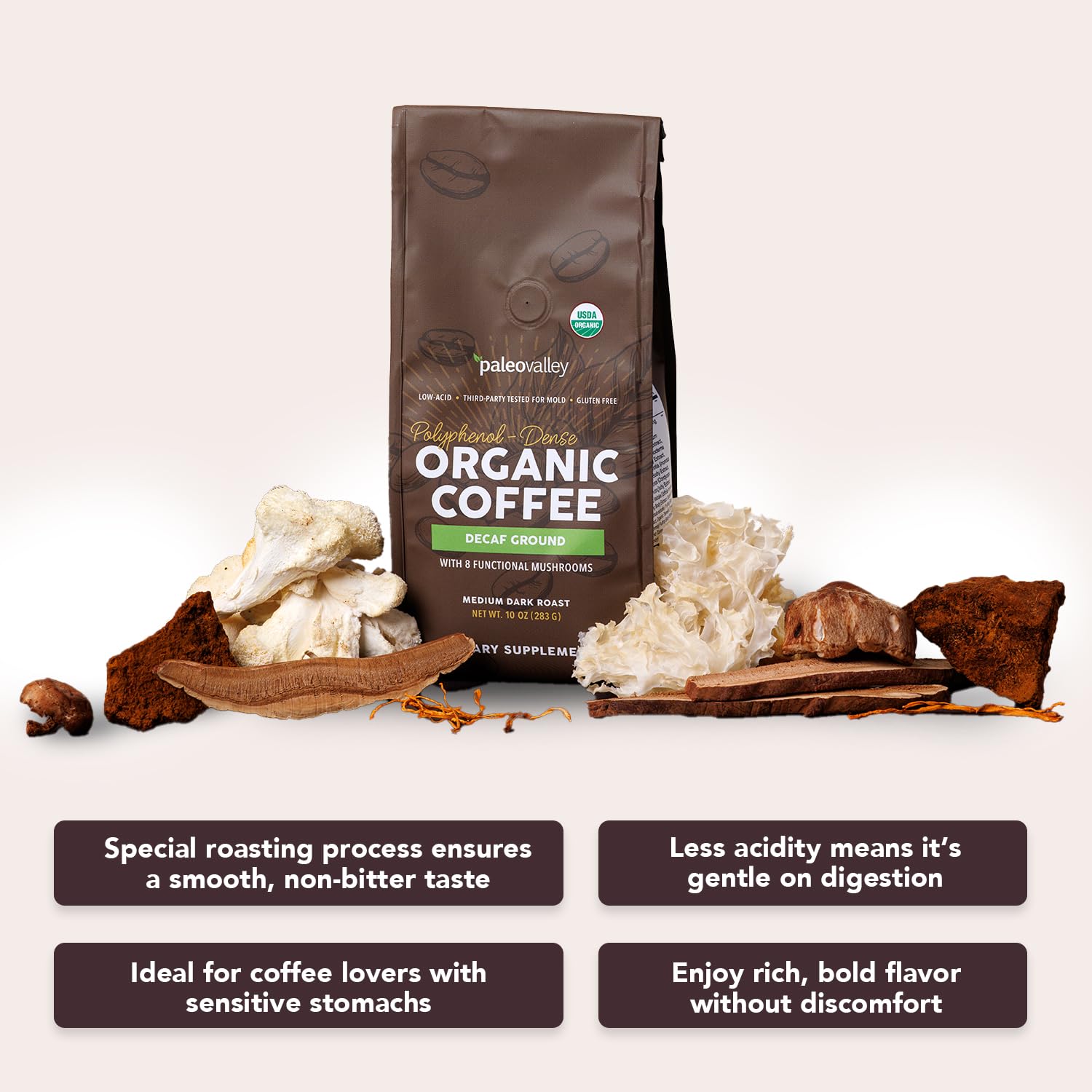 Paleovalley Organic Ground Coffee, 10oz - Decaf, Low Acid, Single-Origin, Polyphenol-Rich, Infused with Mushrooms Paleovalley uk supplements