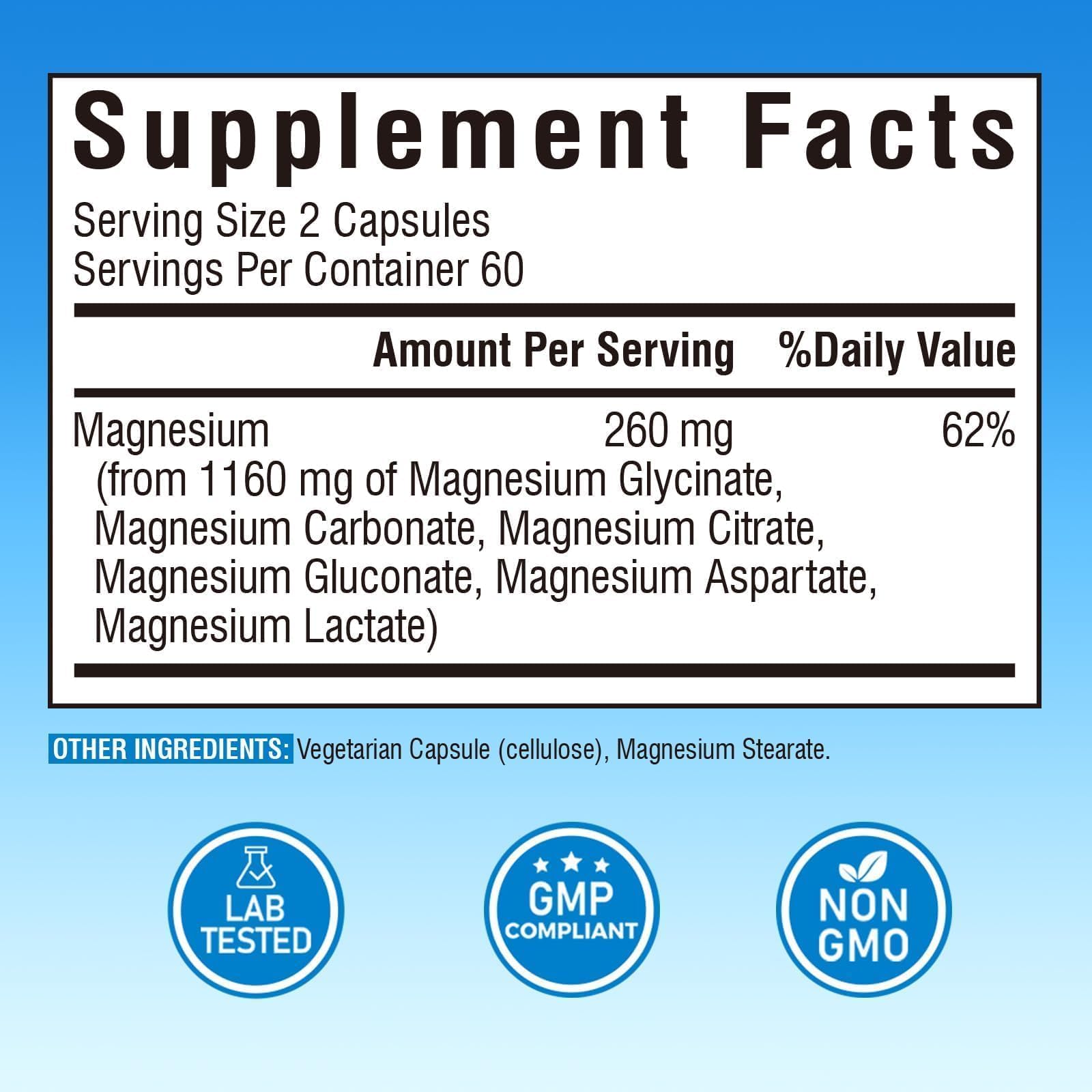 Vitalibre 6 in 1 Magnesium Complex for Women Men, 260mg Elemental Magnesium | Max Absorption | Chelated Magnesium Supplement for Bone, Relaxation & Nerves Support | Non-GMO, 120 Vegan Capsules Vitalibre uk supplements