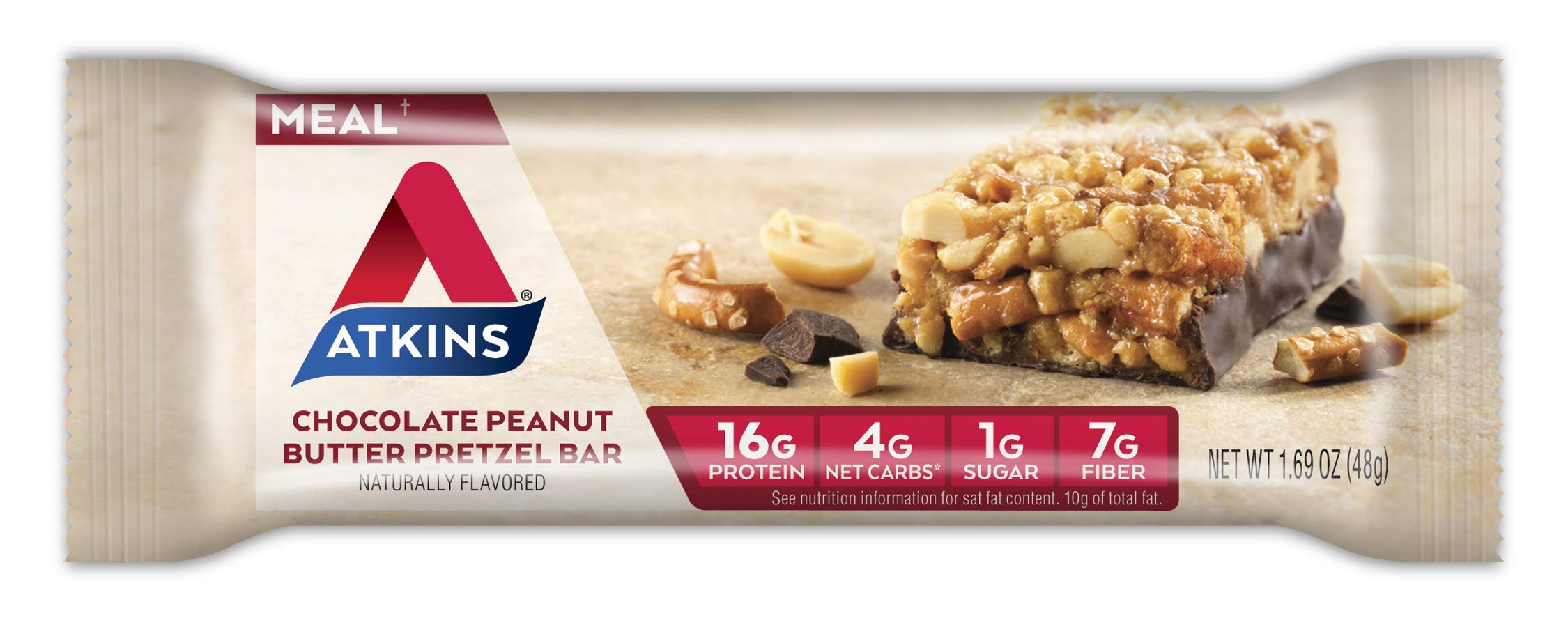 Atkins Chocolate Peanut Butter Pretzel Protein Meal Bar, High Fiber, 16g Protein, 1g Sugar Atkins uk supplements