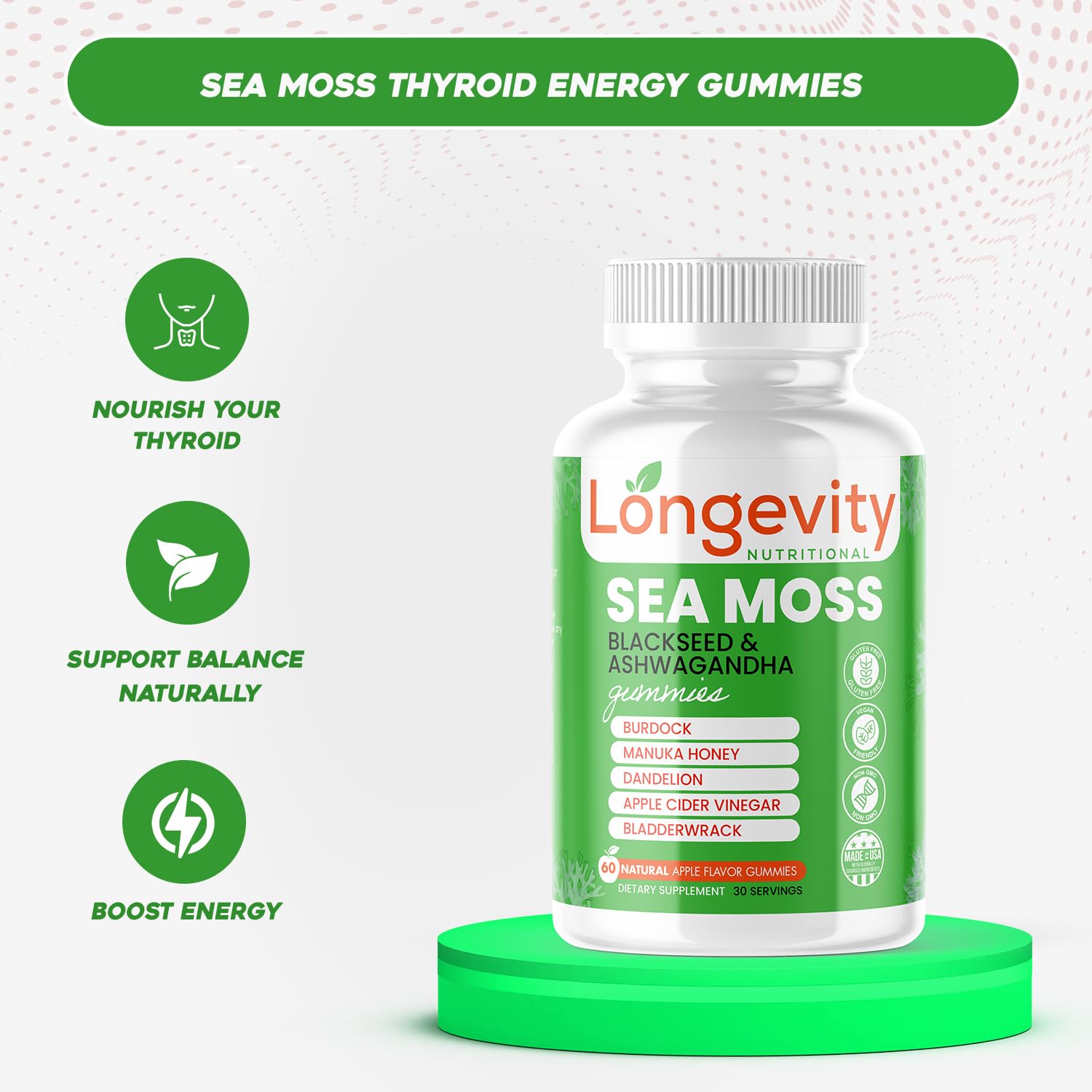 Longevity Nutritional Sea Moss, Thyroid Energy Vitamins Mineral Burdock Manuka Honey Dandelion Apple Cider Bladderwrack Ashwagandha Extract Turmeric Antioxidant Boost Immune Superfood Gummies Longevity Nutritional uk supplements