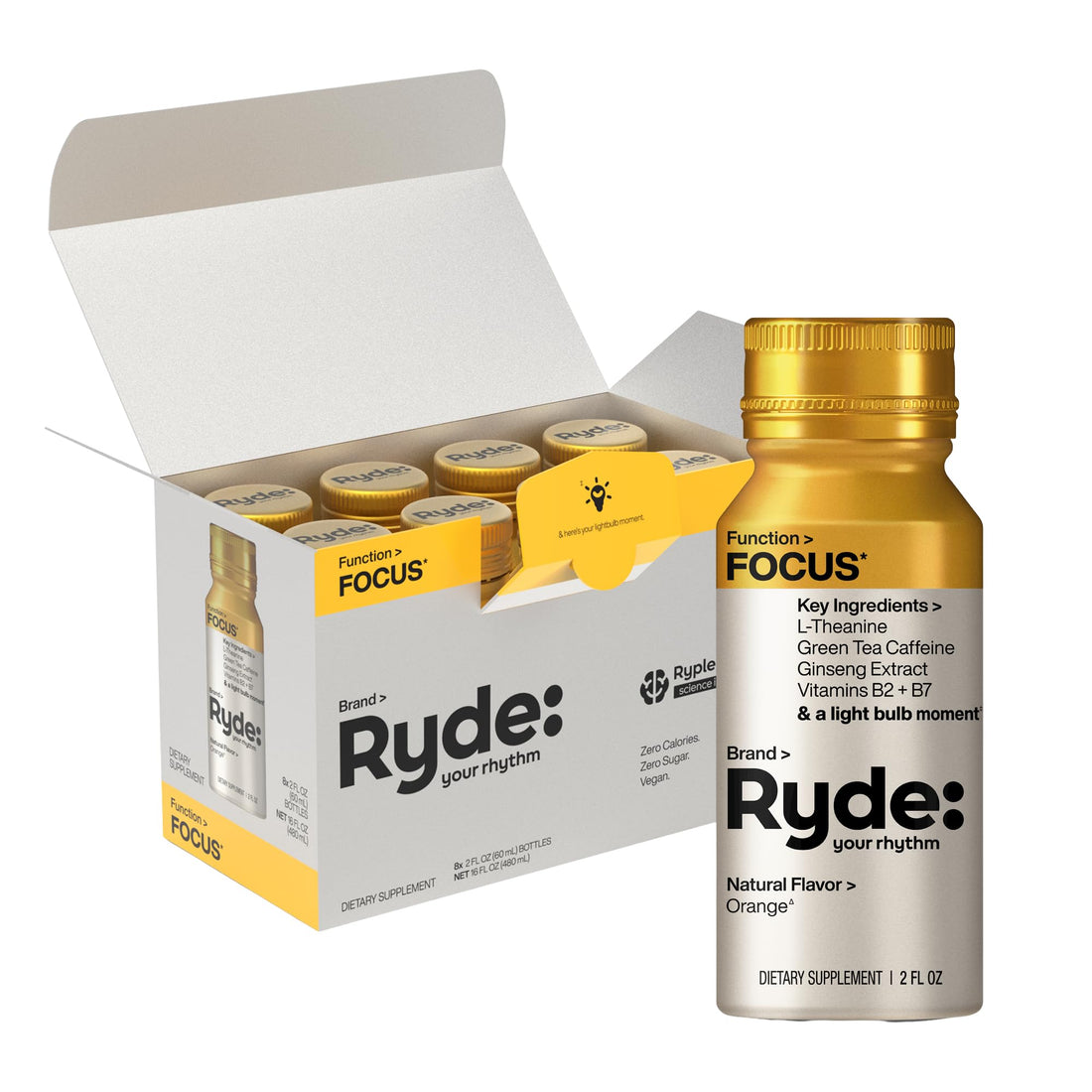 Ryde: Focus Shot | Orange Flavor | L-Theanine & Ginseng | Green Tea Caffeine | Vitamins B2 & B7 | 0 Calories, 0 Sugar | 2 FL OZ Shots | Supports Focus* (8 Pack) RYDE uk supplements