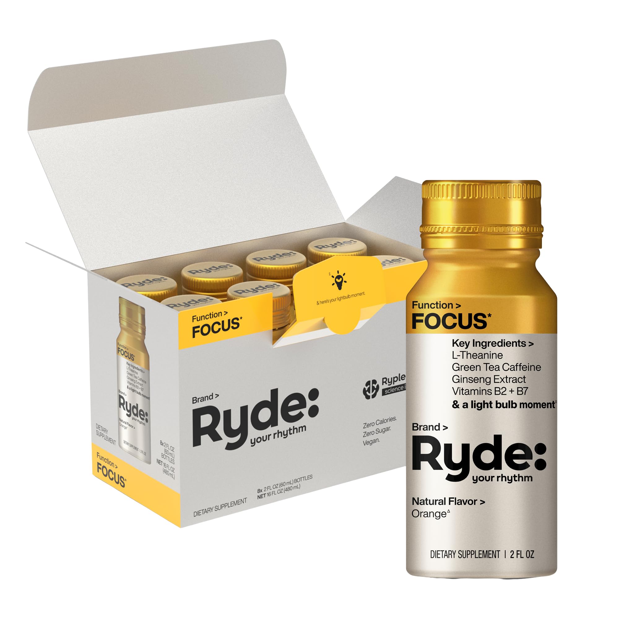 Ryde: Focus Shot | Orange Flavor | L-Theanine & Ginseng | Green Tea Caffeine | Vitamins B2 & B7 | 0 Calories, 0 Sugar | 2 FL OZ Shots | Supports Focus* (8 Pack) RYDE uk supplements