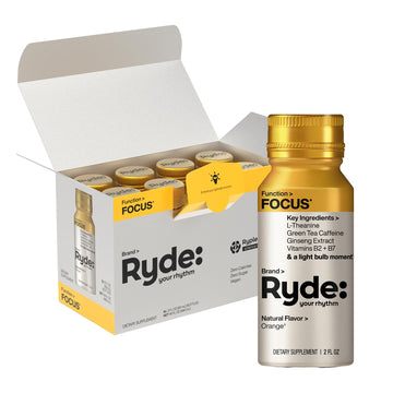Ryde: Focus Shot | Orange Flavor | L-Theanine & Ginseng | Green Tea Caffeine | Vitamins B2 & B7 | 0 Calories, 0 Sugar | 2 FL OZ Shots | Supports Focus* (8 Pack) RYDE uk supplements