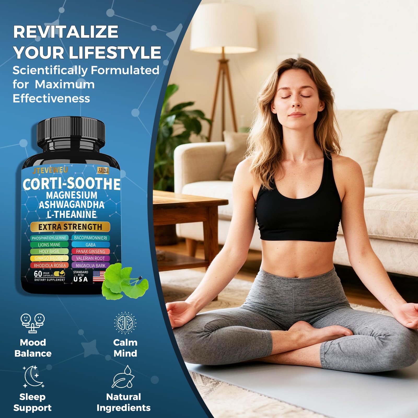 Corti-Soothe Cortisol Supplement for Women and Men with Magnesium Glycinate 200mg, L-Theanine 150mg, Phosphatidylserine 50mg & Manager Holy Basil Ginkgo Biloba Bacopa Monnieri Valerian 60 Capsules JTEVEweu uk supplements