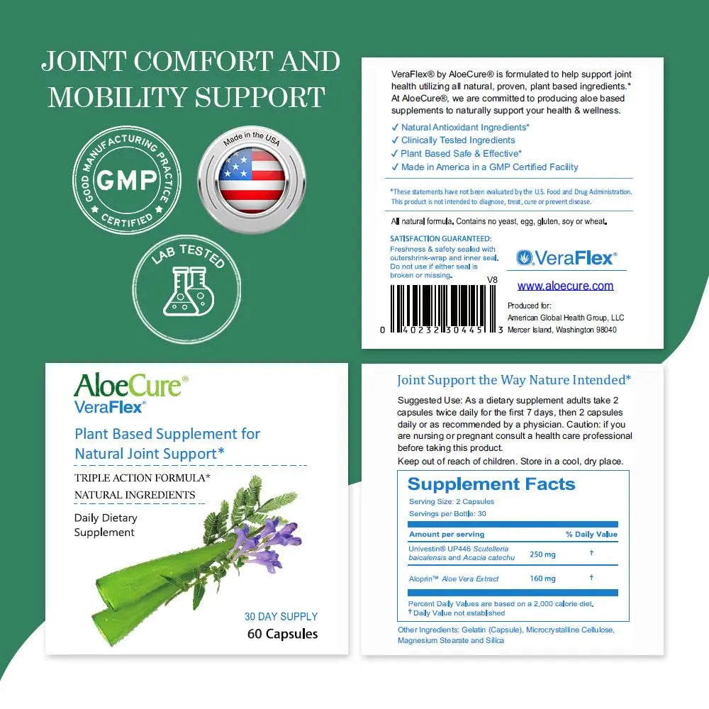 AloeCure VeraFlex Natural Joint Health, 60 Capsules, Clinically Tested Natural Plant-Based Formula to Support Comfort, Mobility and Flexibility - Featuring Organic Aloe Vera AloeCure uk supplements