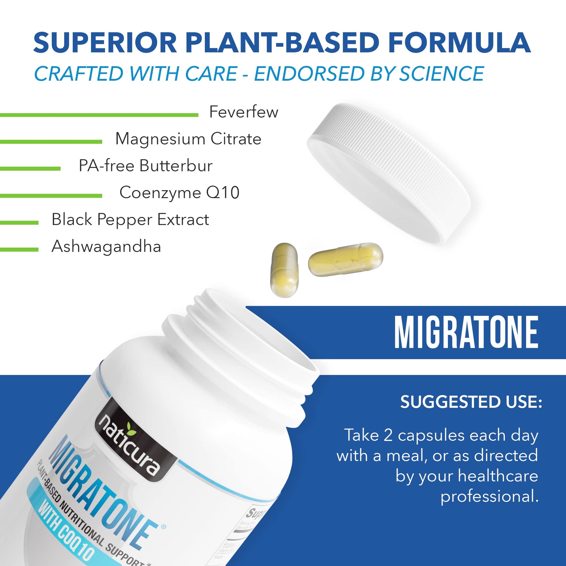 Migratone Migraine Relief Nutritional Support Supplement - with Magnesium, Riboflavin Vitamin B2, B6 & B12, Microactive Coq10, Feverfew, PA-Free Butterbur, and Folate - Clinically Preferred Blend Naticura uk supplements