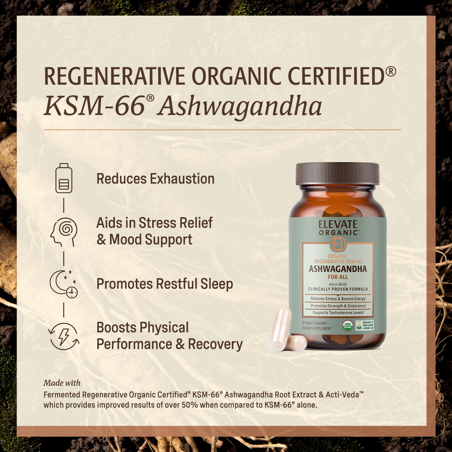 ELEVATE ORGANIC Regenerative Fermented KSM-66 Ashwagandha Vegan Capsules with Acti Veda™ (600mg, 30 Servings), Up to 150% More Effective Than KSM-66 Alone ELEVATE ORGANIC uk supplements