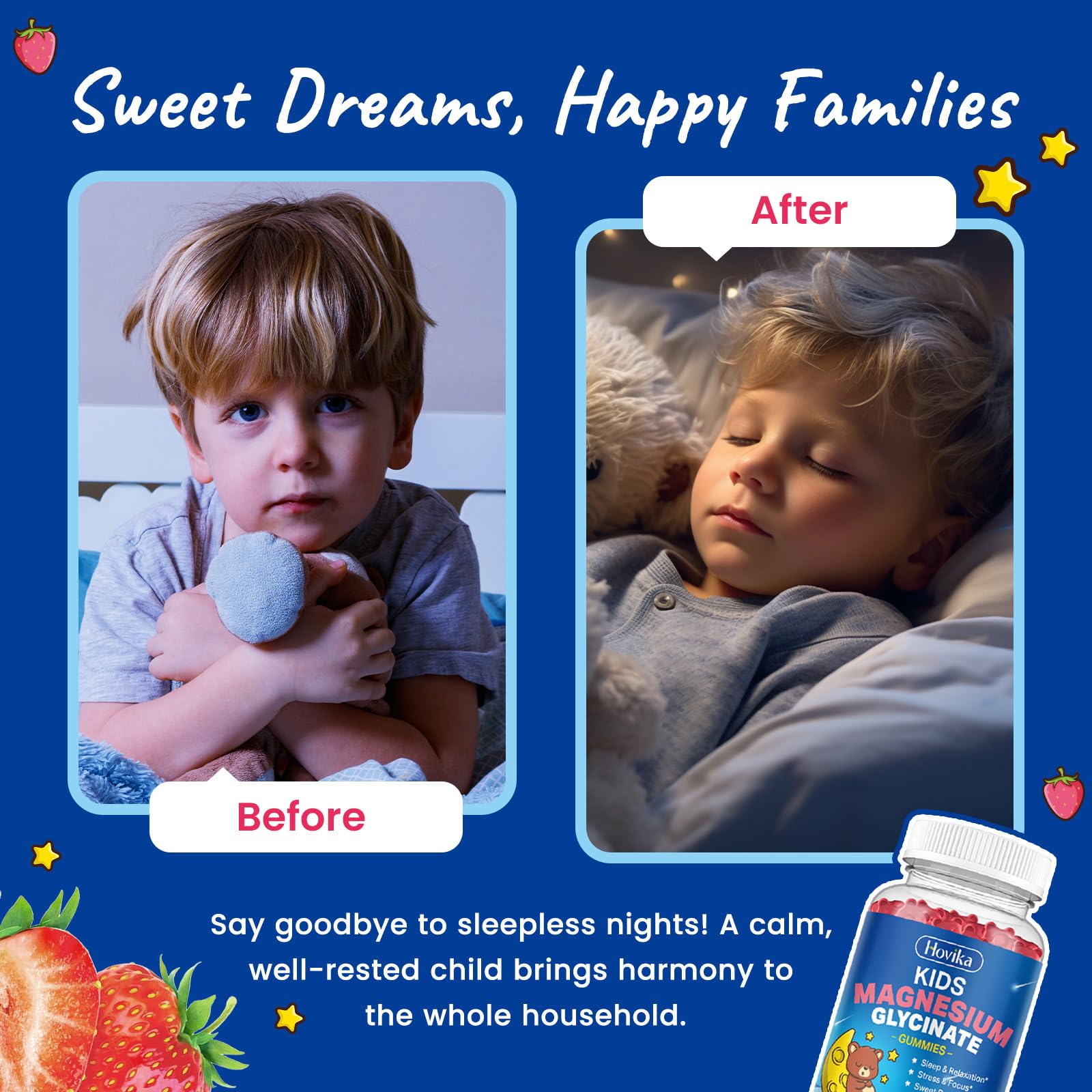 Magnesium Glycinate Gummies for Kids - with L-Theanine, Omega-3, Vitamin B6, D3, Zinc - Kids Magnesium Gummies for Sleep, Relaxation, Calm & Focus - Sugar Free Strawberry 60ct Hovika uk supplements