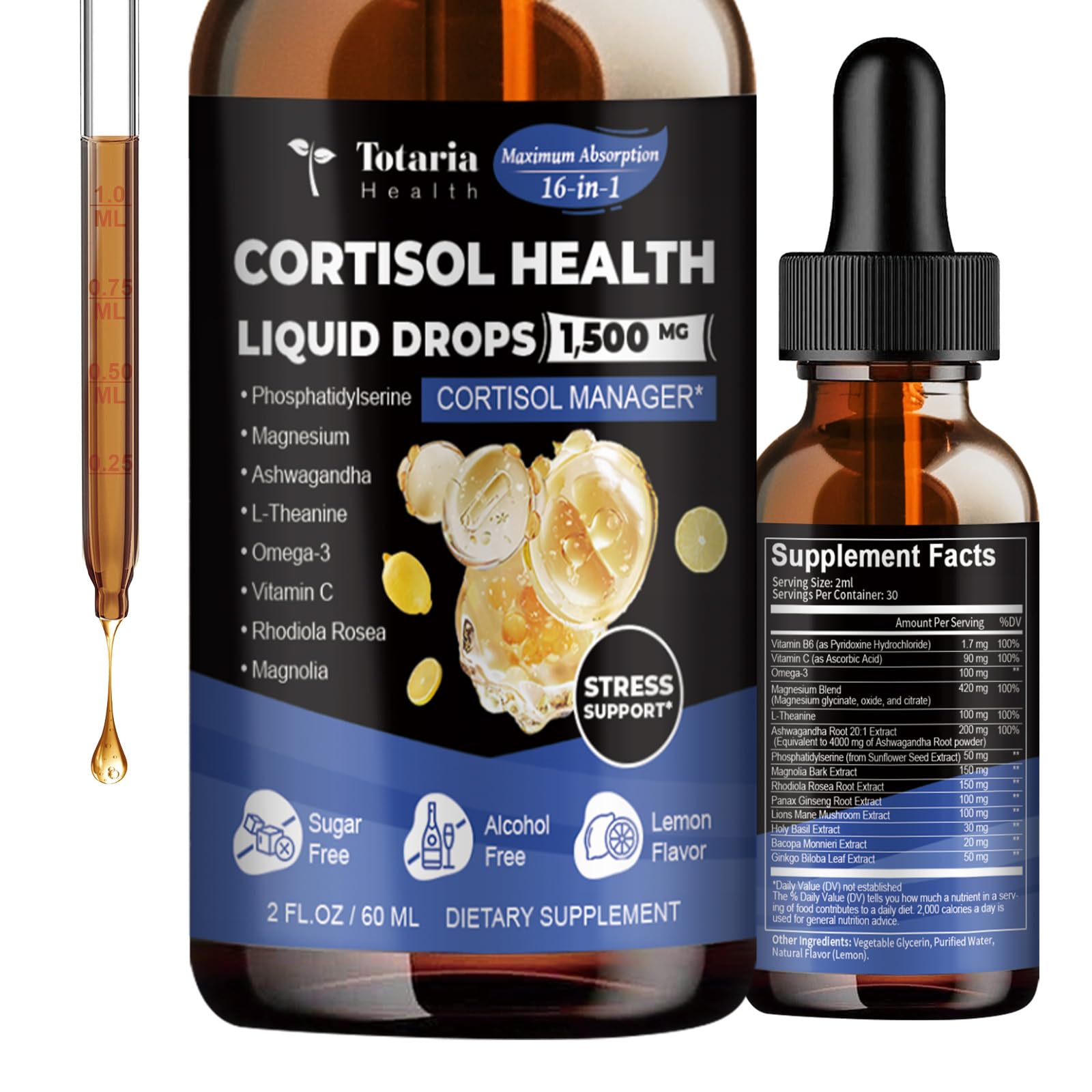 Totaria cortisol Supplement Liquid Drops Hormone Balance for Women Men with Magnesium Complex,Ashwagandha,Rhodiola Rosea,L Theanine,Phosphatidylserine Supplements Mood, Focus, Sleep Support 2 FL.OZ Totaria uk supplements