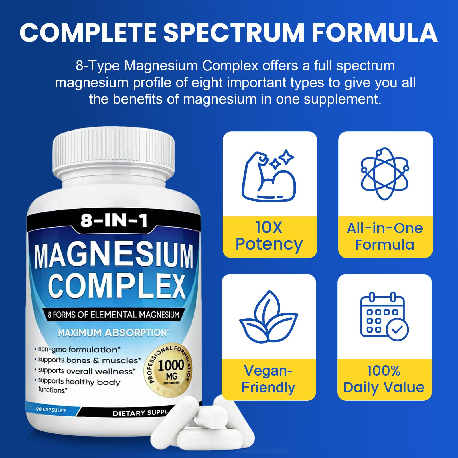 Magnesium Complex Supplement 8-in-1 Elemental 1000mg, Magnesium Glycinate, Malate & Citrate, Vegan, Non-GMO 90 Capsules MIRACLE OFFICIAL uk supplements