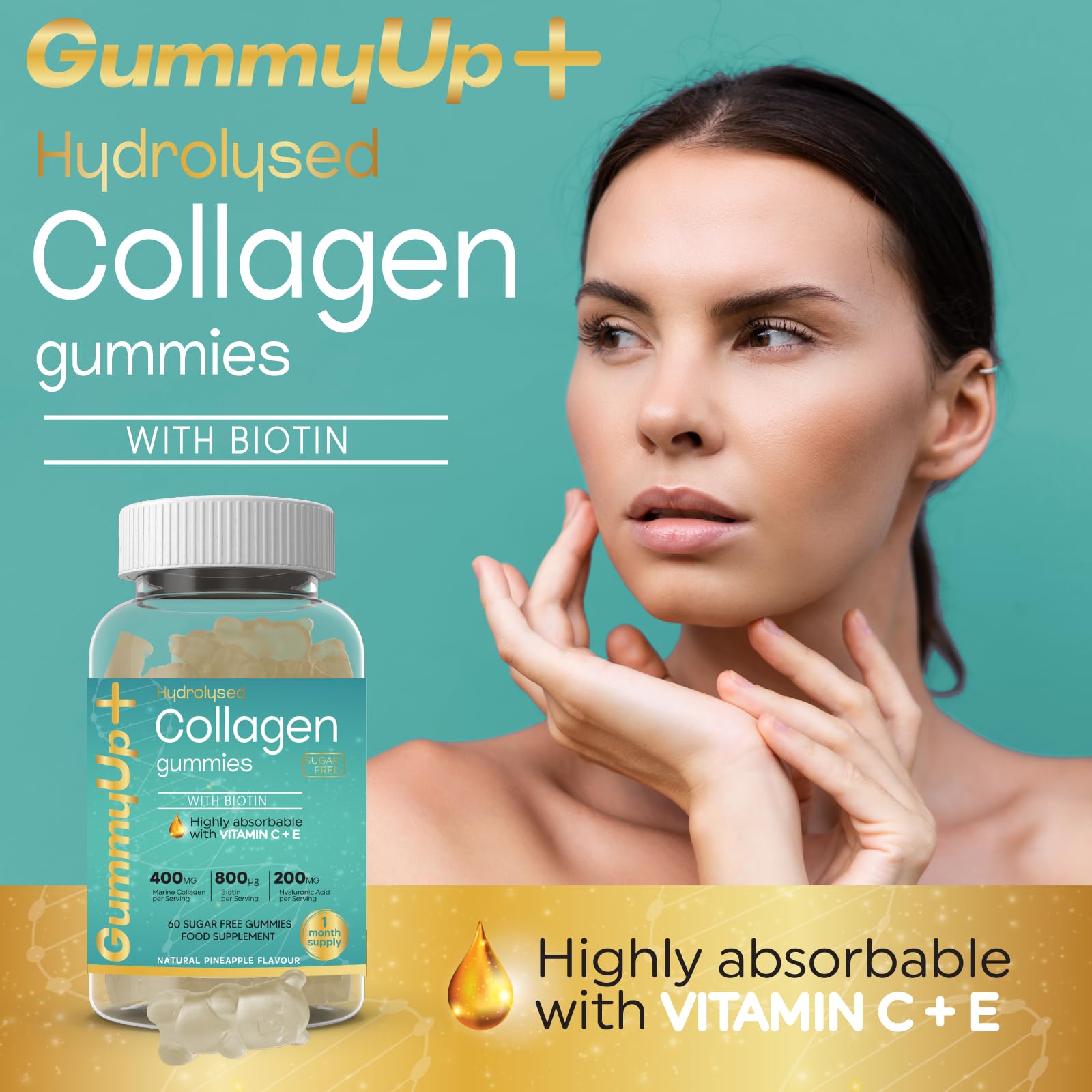 Hydrolysed Collagen Gummies with Biotin, 60 Sugar Free Natural Pineapple Flavoured Gummies ZA ZACANNA uk supplements