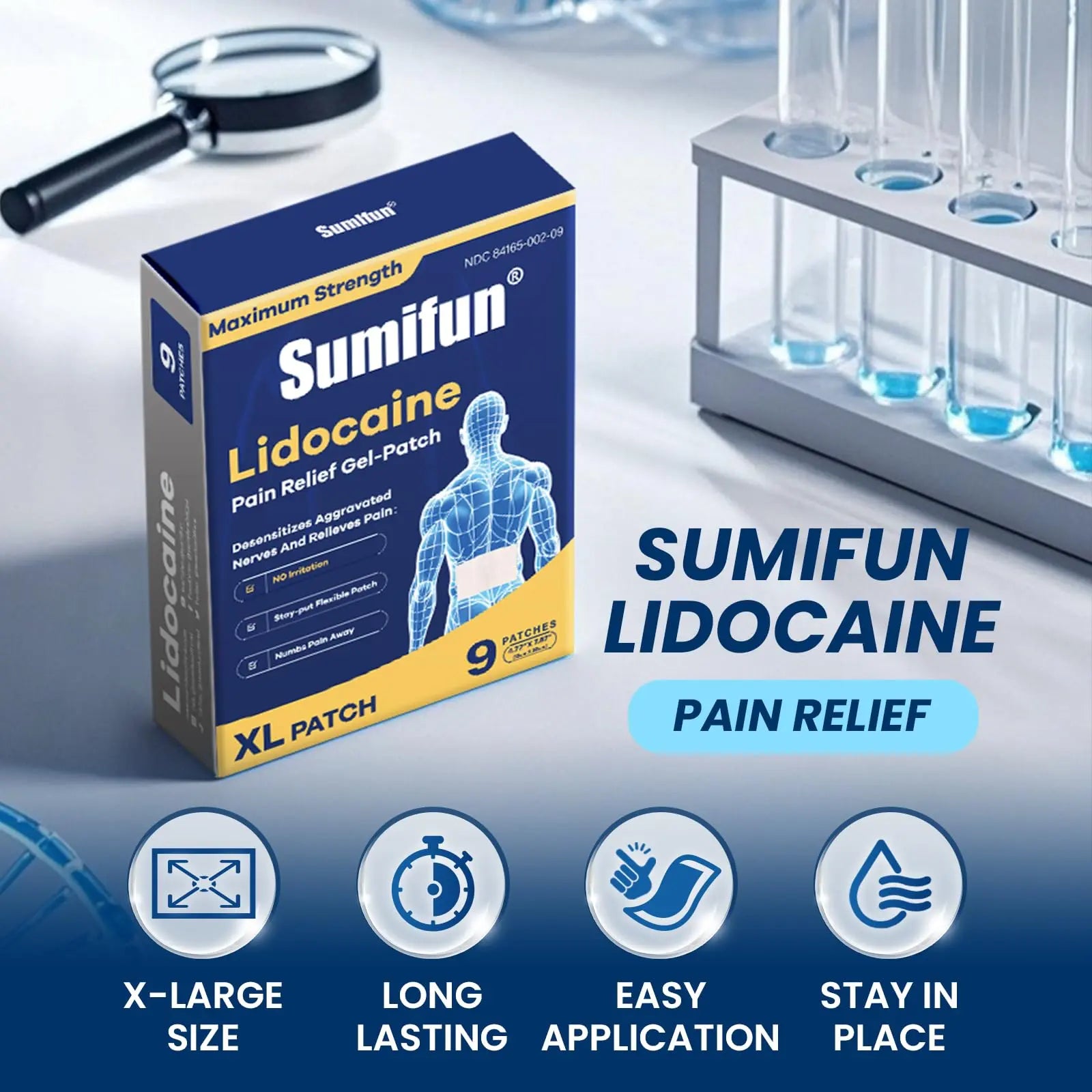 Sumifun 4% Lidocaine XL Pain Patches | Extra Large 4.72"x7.87" for Full Back & Thigh Coverage | Maximum Strength OTC Numbing | 8-Hour Medical Adhesion (X-Large, Count, 9) Sumifun uk supplements