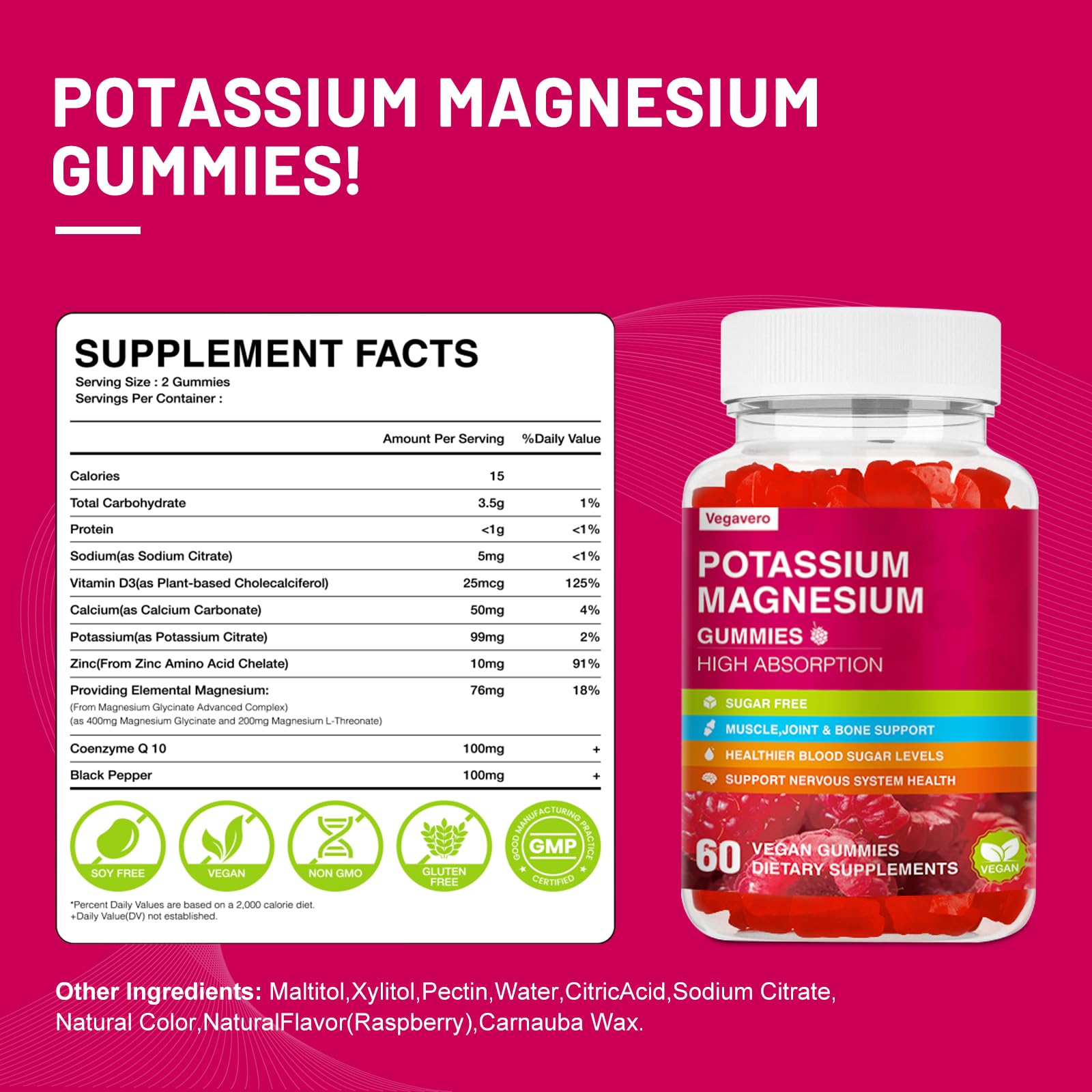 Potassium Magnesium Gummies - High Absorption Magnesium Glycinate & Potassium Citrate Plus Coenzyme Q10, DHA, D3, Mineral & Calcium for Zzz, Leg Cramps & Muscle - 60 Raspberry Gummies Vegavero uk supplements