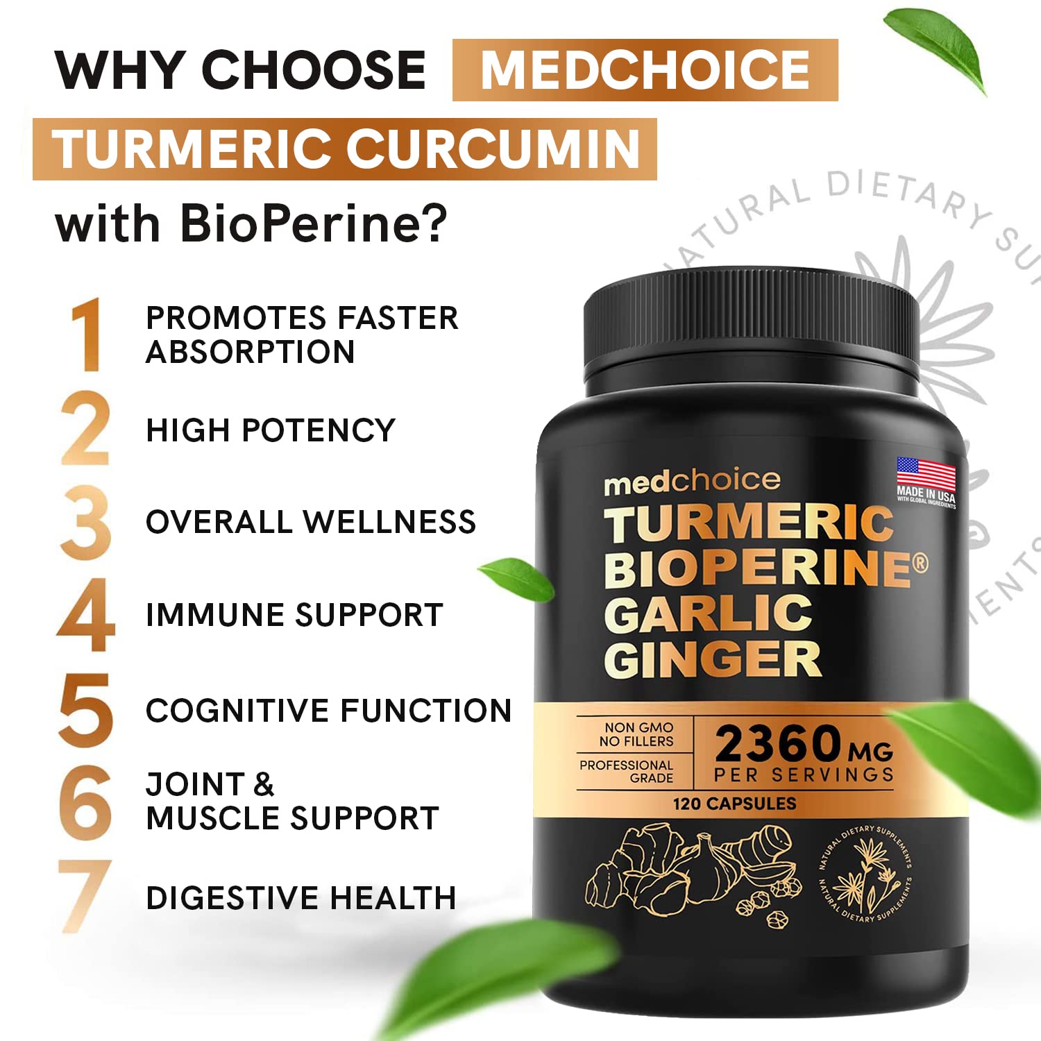 4-in-1 Supplement with Turmeric, Garlic, Ginger Root, and Black Pepper - 120 Capsules MEDCHOICE uk supplements