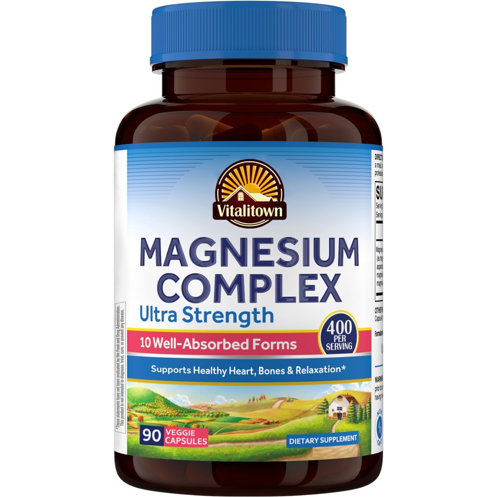 Vitalitown 10 in 1 Magnesium Complex Supplement - 400mg Elemental Magnesium Chelated with Glycinate, Citrate, Malate, Taurate & More - for Sleep Heart Energy - Non-GMO, Vegan, 90 Caps Vitalitown uk supplements