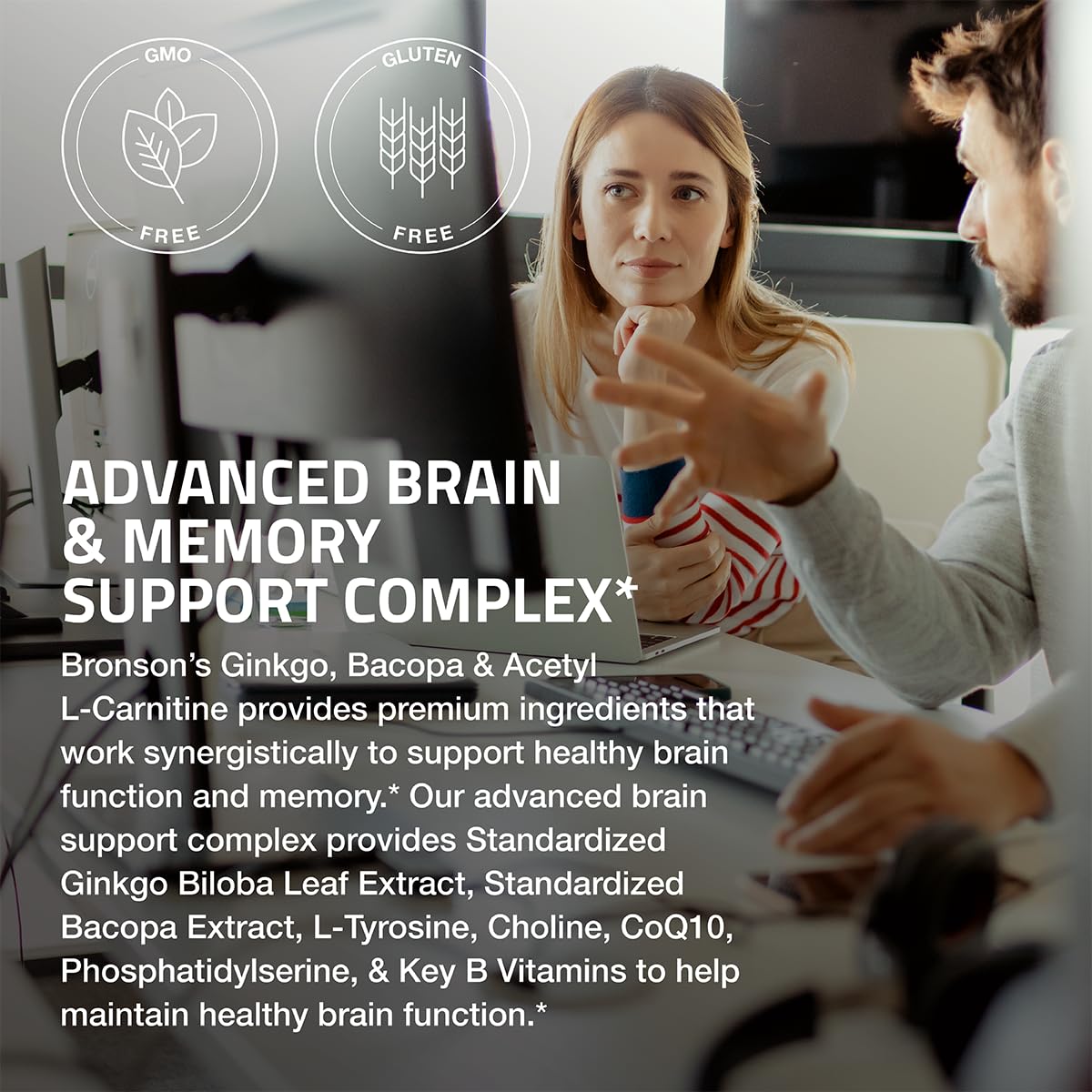 Bronson Ginkgo, Bacopa & Acetyl L-Carnitine Brain & Memory Support Complex with L-Tyrosine, Choline, CoQ10 & Phosphatidylserine Plus Key B Vitamins Non-GMO, 30 Tablets Bronson uk supplements