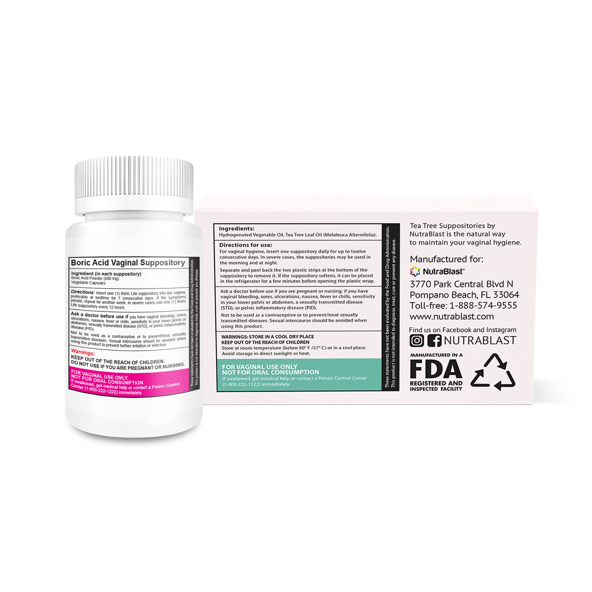 NutraBlast Boric Acid Vaginal Suppositories 600mg (30 Count) w/Tea Tree Oil Suppositories (12 Count) NutraBlast uk supplements