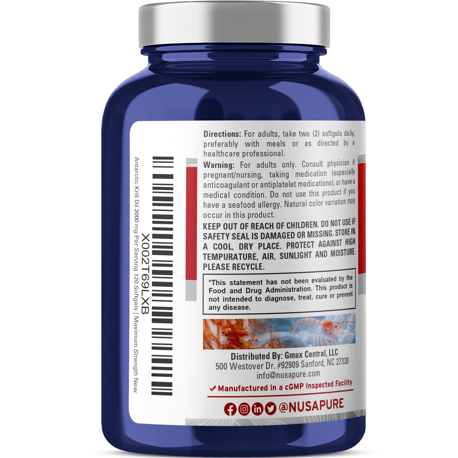 NusaPure Antarctic Krill Oil 2000 mg 120 Softgels, Omega-3 EPA 360mg, DHA 240mg, Soyfree Astaxanthin Supplement Sourced from Krill 800ppm NusaPure uk supplements