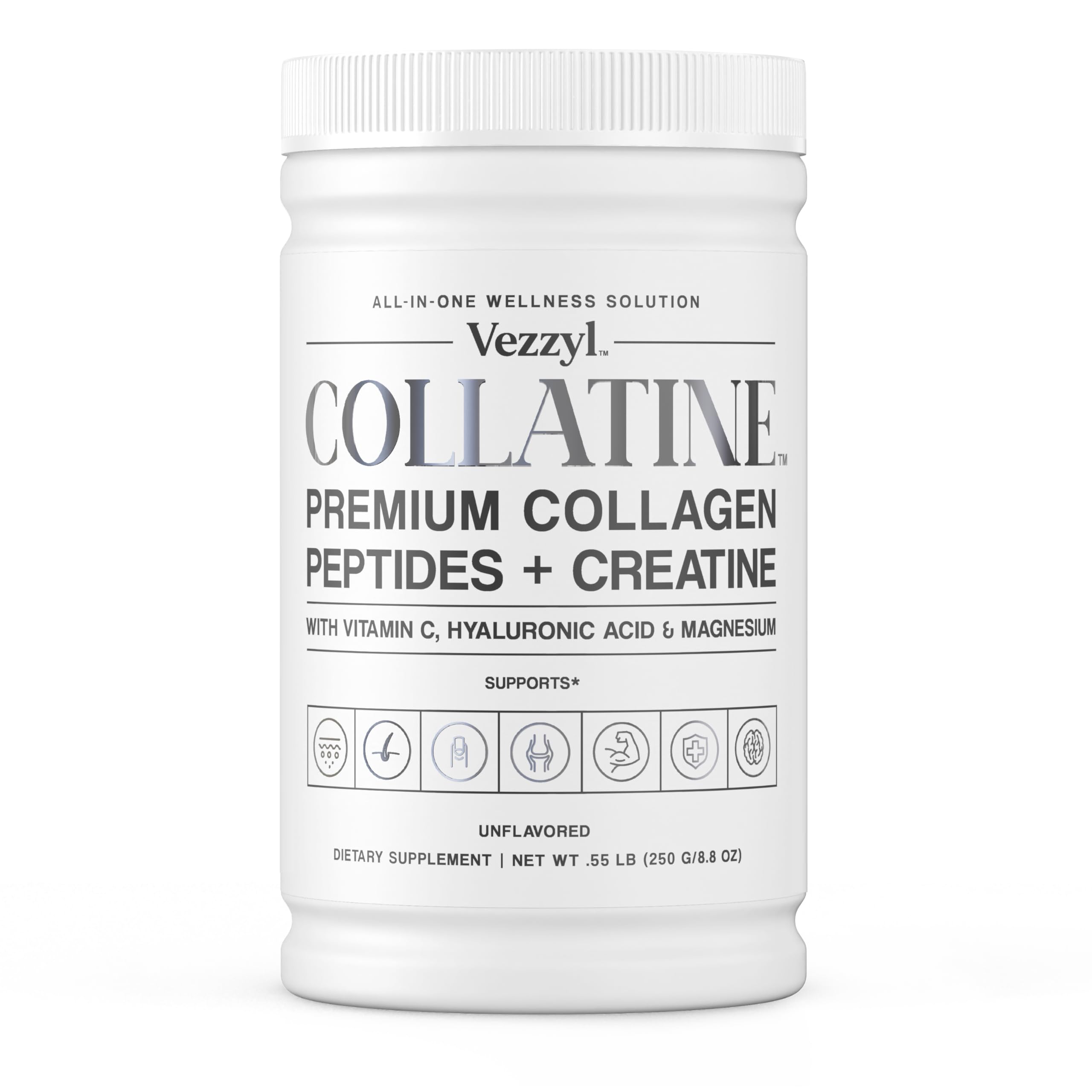 Vezzyl - Collatine - Premium Collagen Peptides + Creatine with Vitamin C, Hyaluronic Acid and Magnesium for Skin, Hair, Nails, Bone & Joint, Muscle, Immune and Cognitive Aid (.55 LB (250 G/8.8 OZ) Vezzyl uk supplements