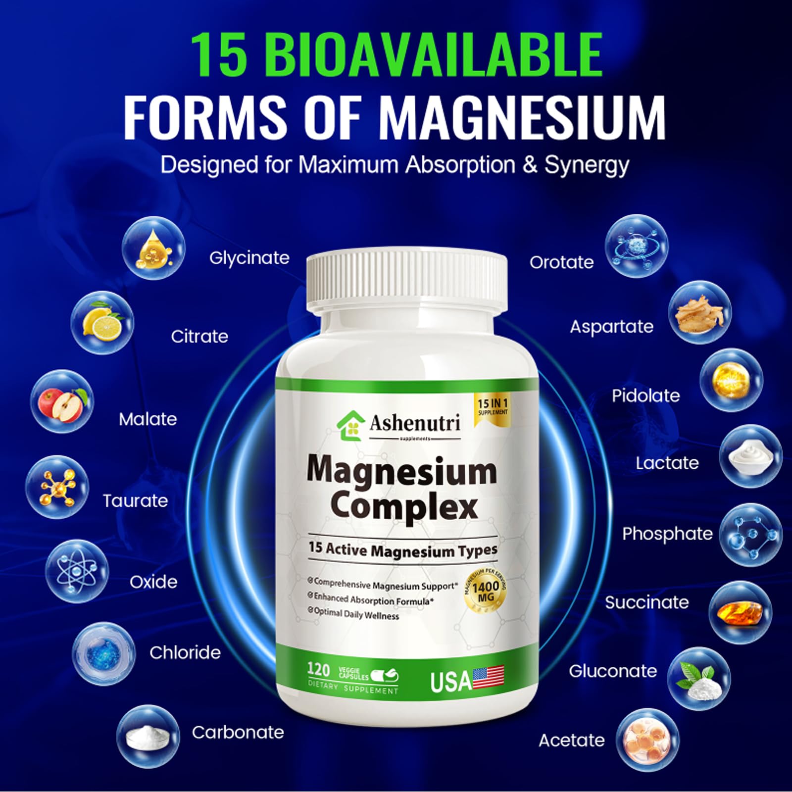 Magnesium Complex with 15 Types Magnesium Glycinate Citrate Malate Taurate Oxide Carbonate Chloride Orotate Magnesio Muscle, Heart, Relaxation & Nerves 120 Vegan Capsules, 60-Day Supply Ashenutri uk supplements