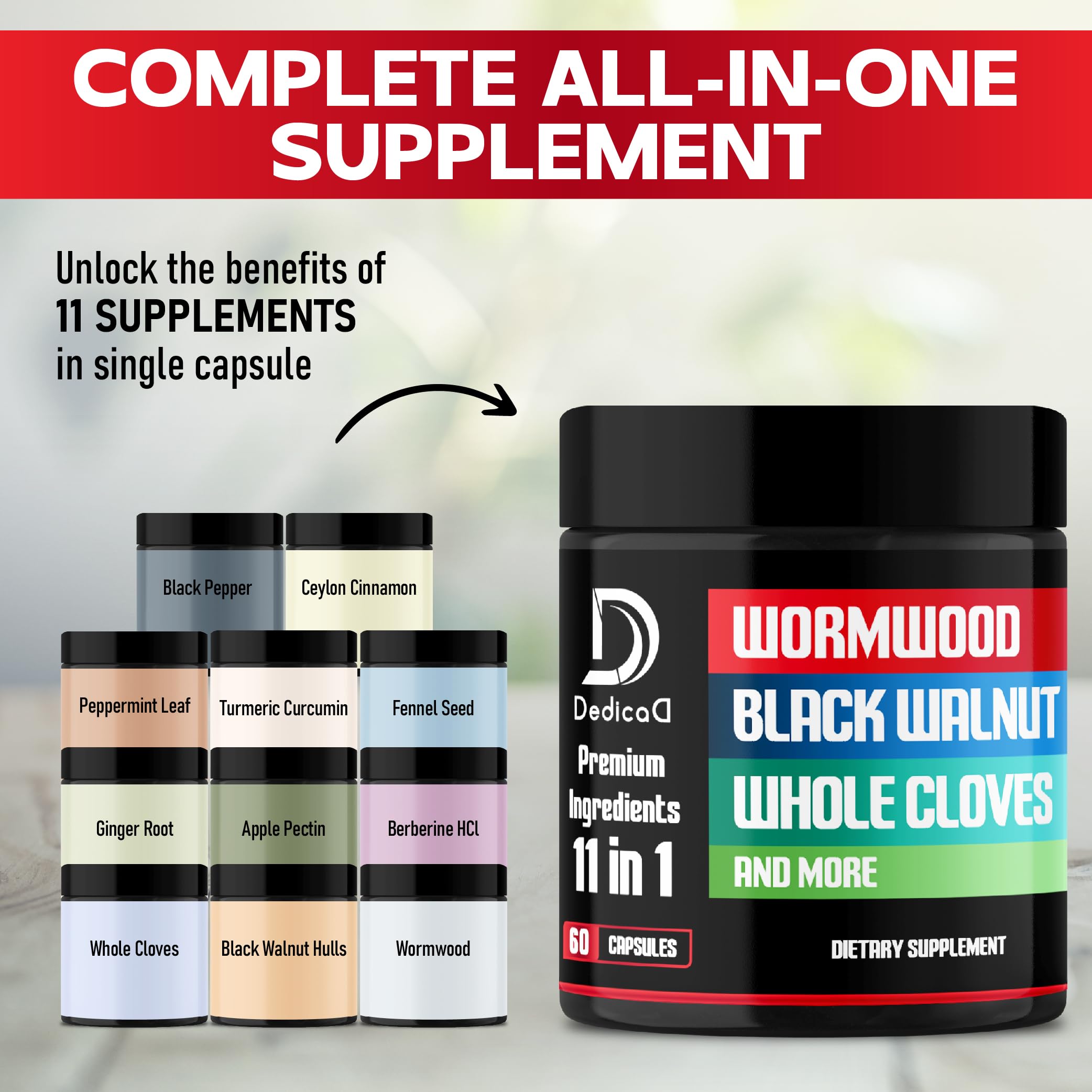 DEDICAD Wormwood Capsules Supplement - Extracted from Black Walnut, Cloves, Turmeric, Apple, Berberine HCl & More - 11 Ingredients Combined for Immune System, Body Management - 60 Capsules DEDICAD uk supplements