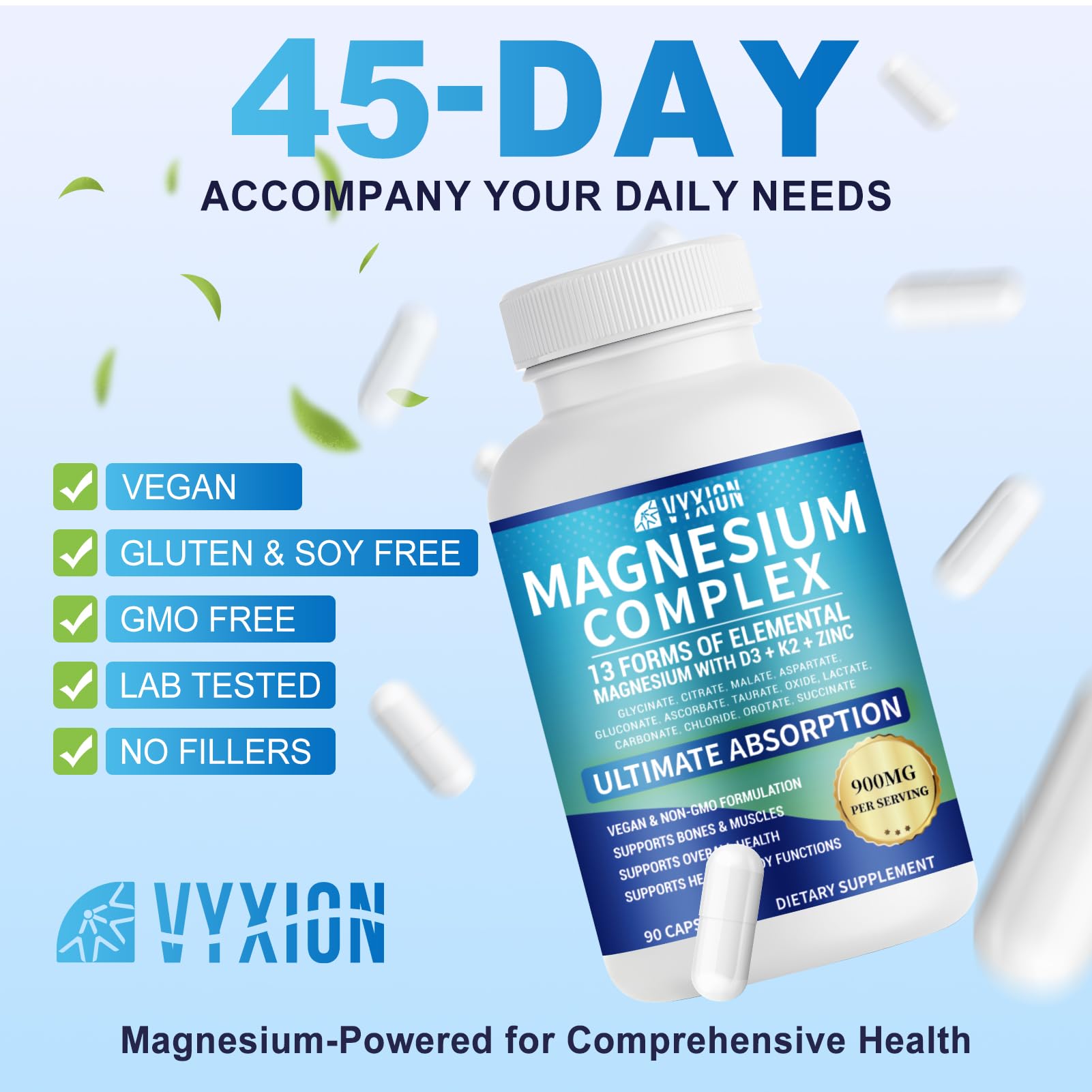 VYXION Magnesium Complex 900mg per Serving – High Absorption Magnesium Glycinate with Vitamin D3 K2 Zinc & B Vitamins – Sleep, Calm, Muscle & Nerve Support – 90 Capsules Vyxion uk supplements