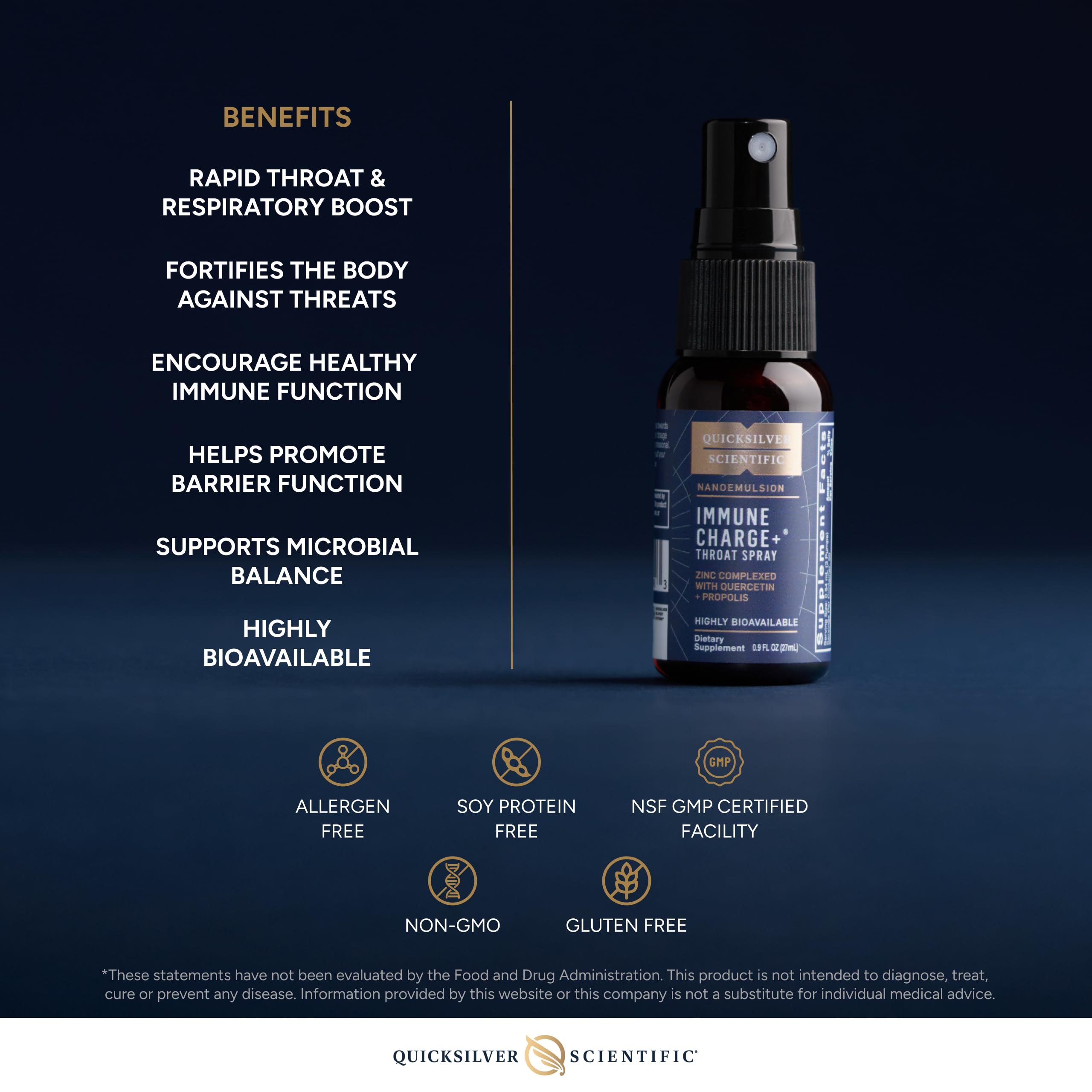 Quicksilver Scientific Immune Charge+ Zinc Throat Spray - Immune Support Liquid Supplement with Quercetin - 'Throat Coat' with Liposomal Absorption Technology (0.9 fl oz / 27ml) Quicksilver Scientific uk supplements
