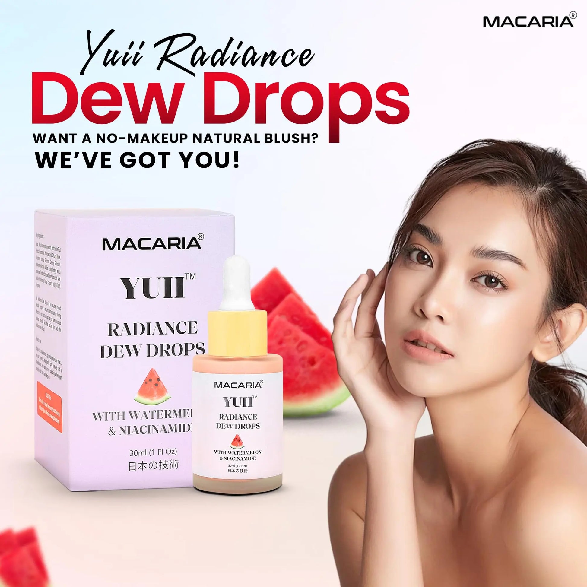 Yuii Niacinamide Serum Dew Drops - Face Moisturizer with Watermelon Fruit Extract - Glow Drops for Skincare and Makeup - Hydrating Formula for Radiant Skin - Pink Finish for Women & Girls MACARIA uk supplements
