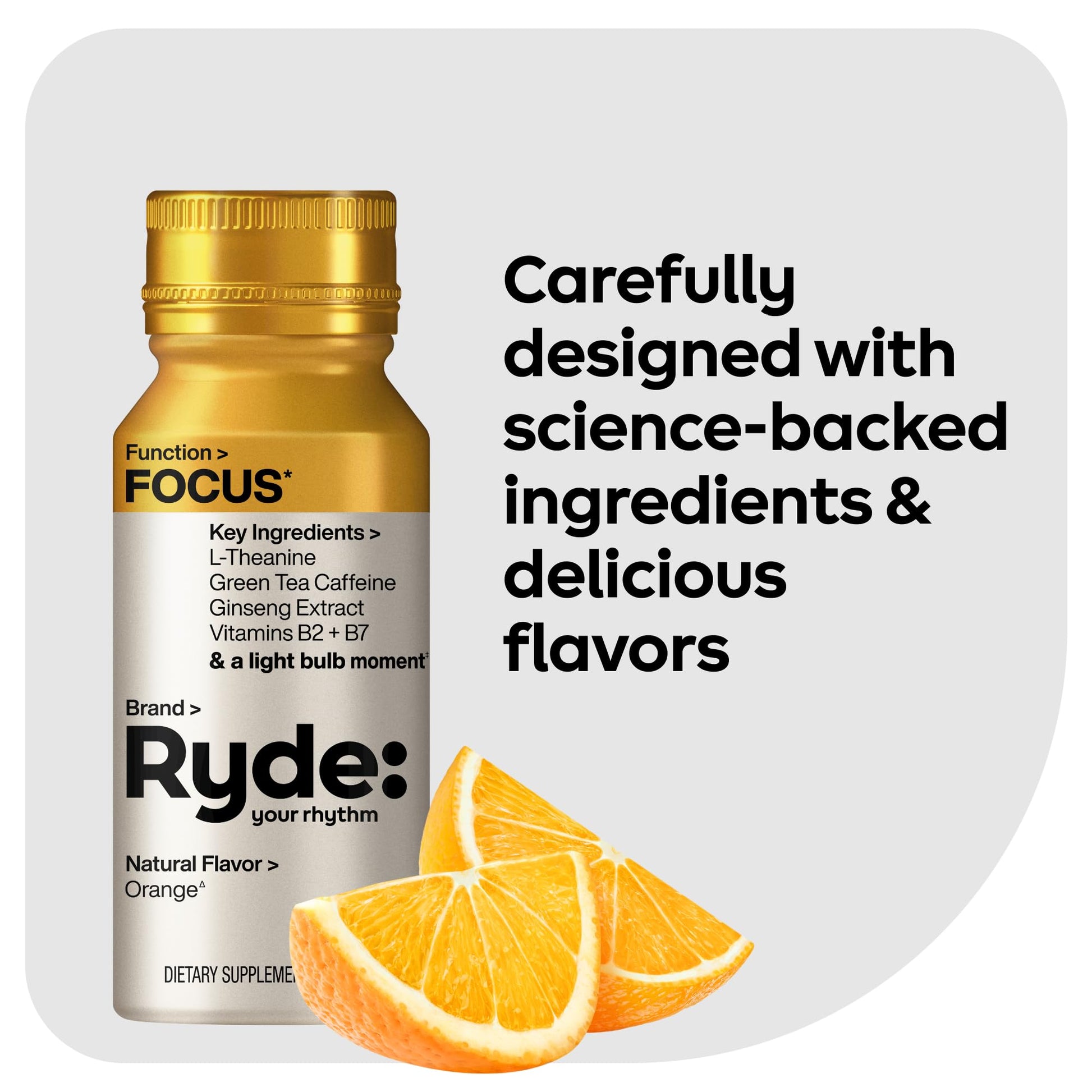 Ryde: Focus Shot | Orange Flavor | L-Theanine & Ginseng | Green Tea Caffeine | Vitamins B2 & B7 | 0 Calories, 0 Sugar | 2 FL OZ Shots | Supports Focus* (8 Pack) RYDE uk supplements