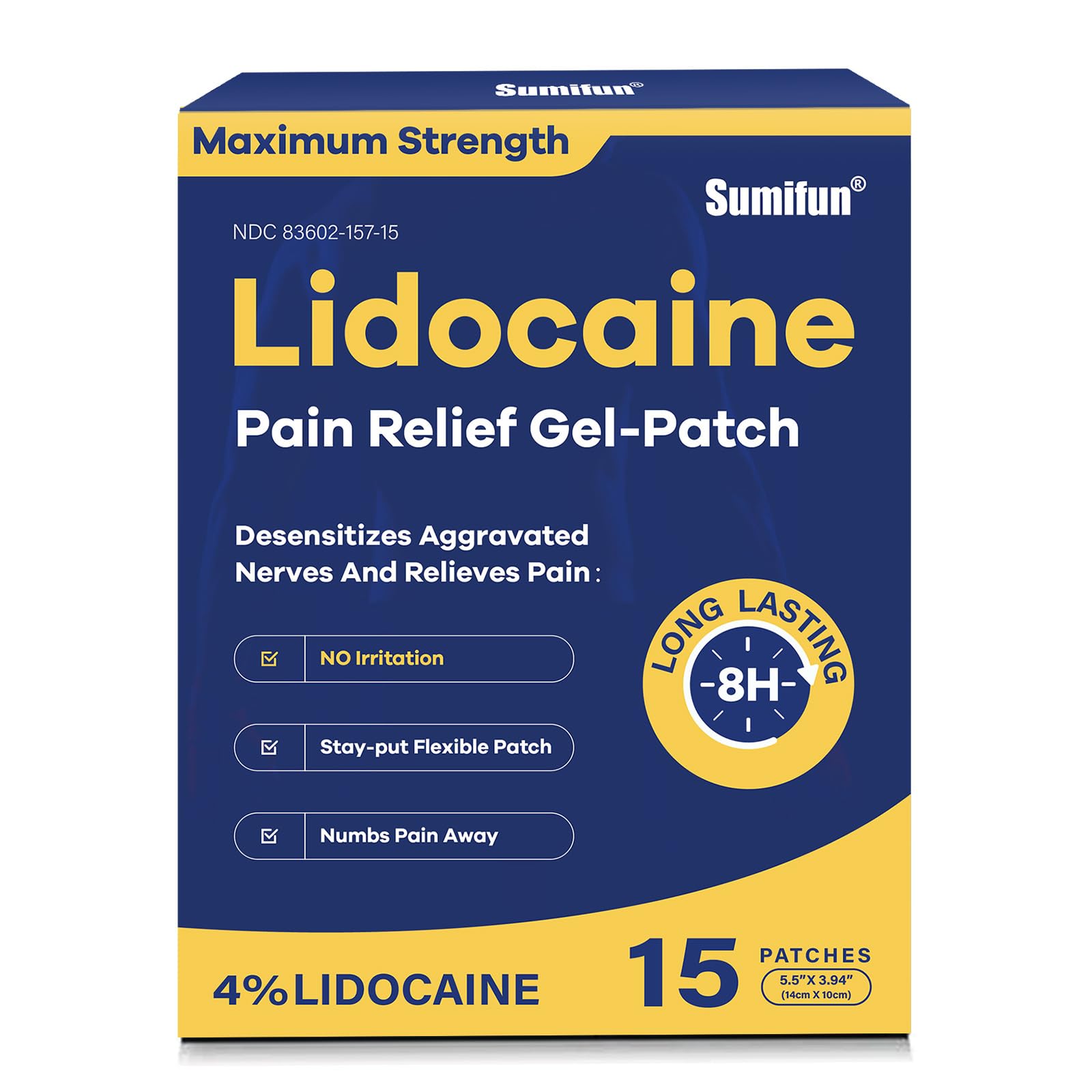 Sumifun 4% Lidocaine Pain Relief Patches 15 Counts Maximum Strength Numbing Gel Patch for Back Knee Neck Joint Ache Muscle Soreness Topical Analgesic Sumifun uk supplements