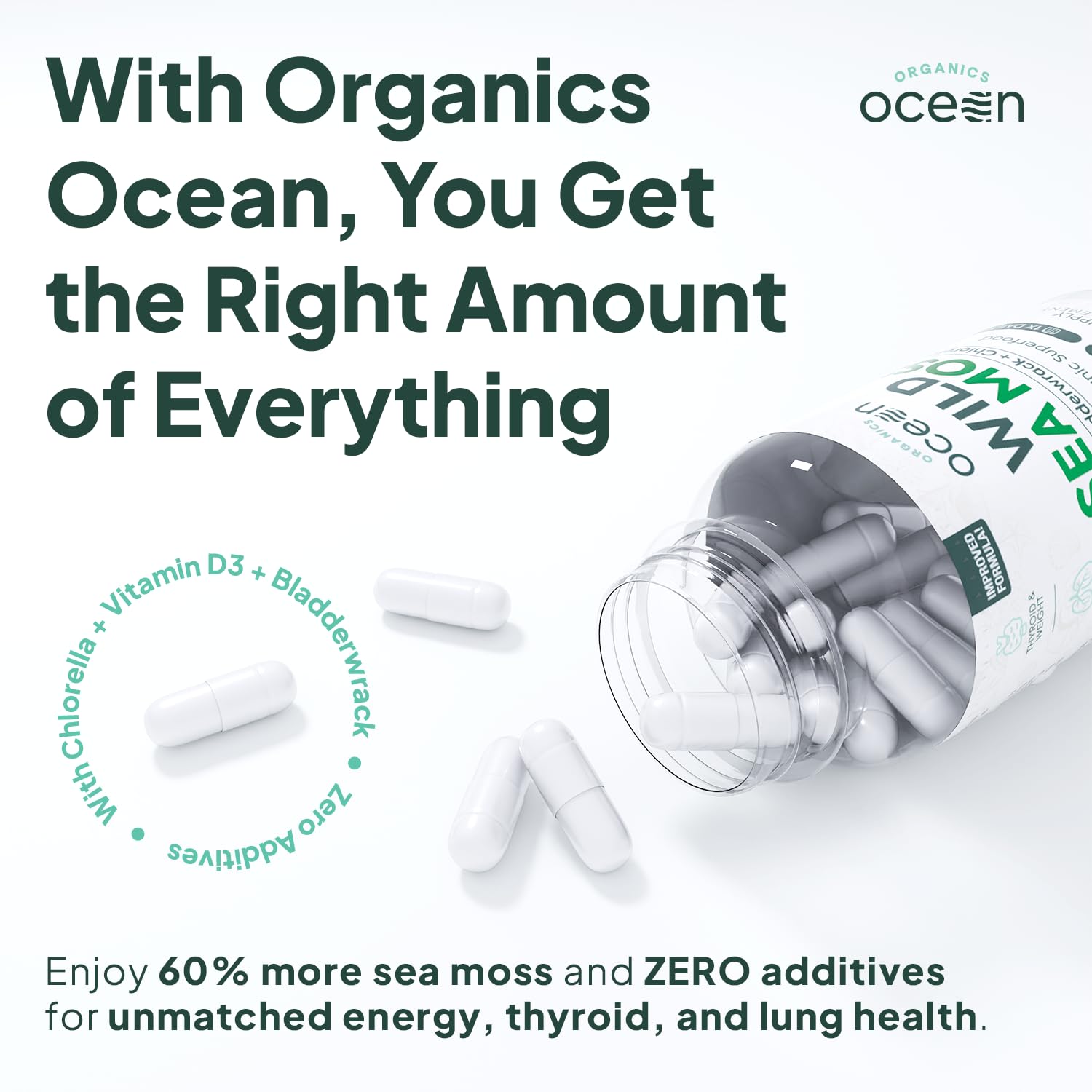 Organics Ocean Wild Sea Moss Capsules - 100% Organic Irish Sea Moss with Organic Chlorella, Bladderwrack and Vitamin D for Energy, Lung Health and Thyroid Support for Women and Men - 60 Capsules Organics Ocean uk supplements