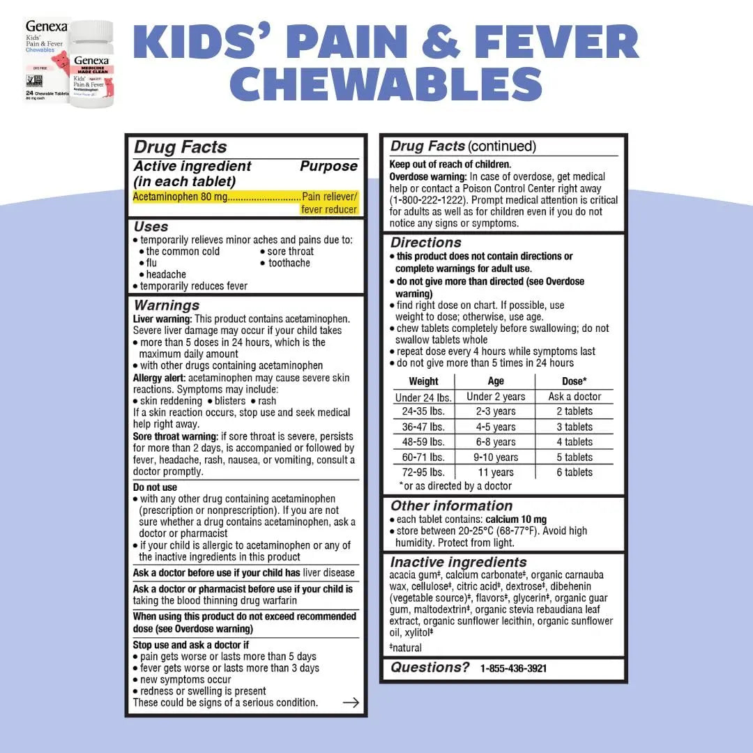 Genexa Kids' Clean Pain & Fever Acetaminophen Bundle | Relieves Fever & Minor Aches and Pain | Dye Free, 0% Artificial Additives | Chewable Tablets & Liquid Oral Suspension for Children Aged 2-11 Genexa uk supplements