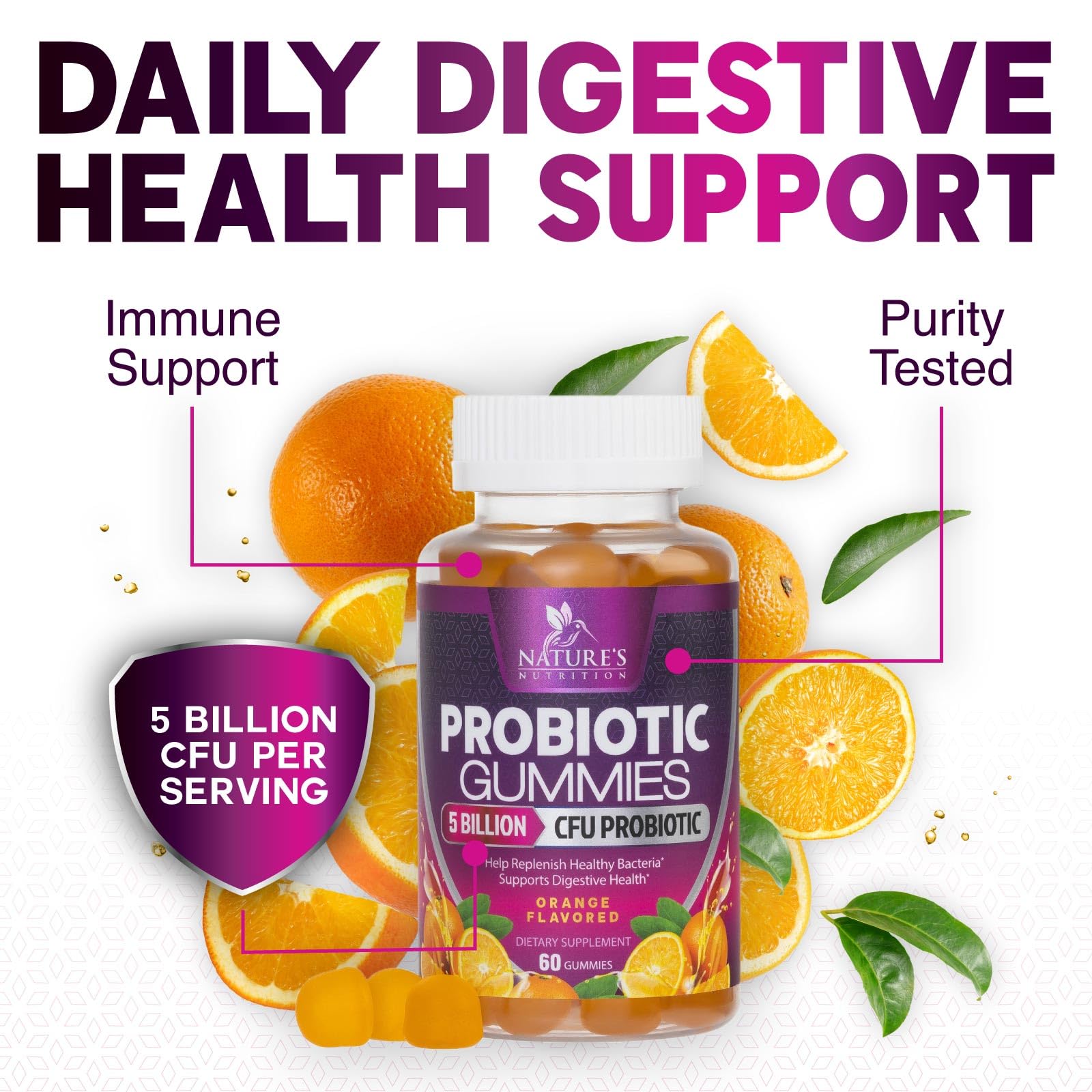 Probiotics for Digestive Health Gummies 5 Billion CFU - 6 Unique Strains for Daily Immune Support & Gut Health, Constipation, Gas & Bloating - Best Probiotic Supplement for Women & Men - 60 Gummies Nature's Nutrition uk supplements