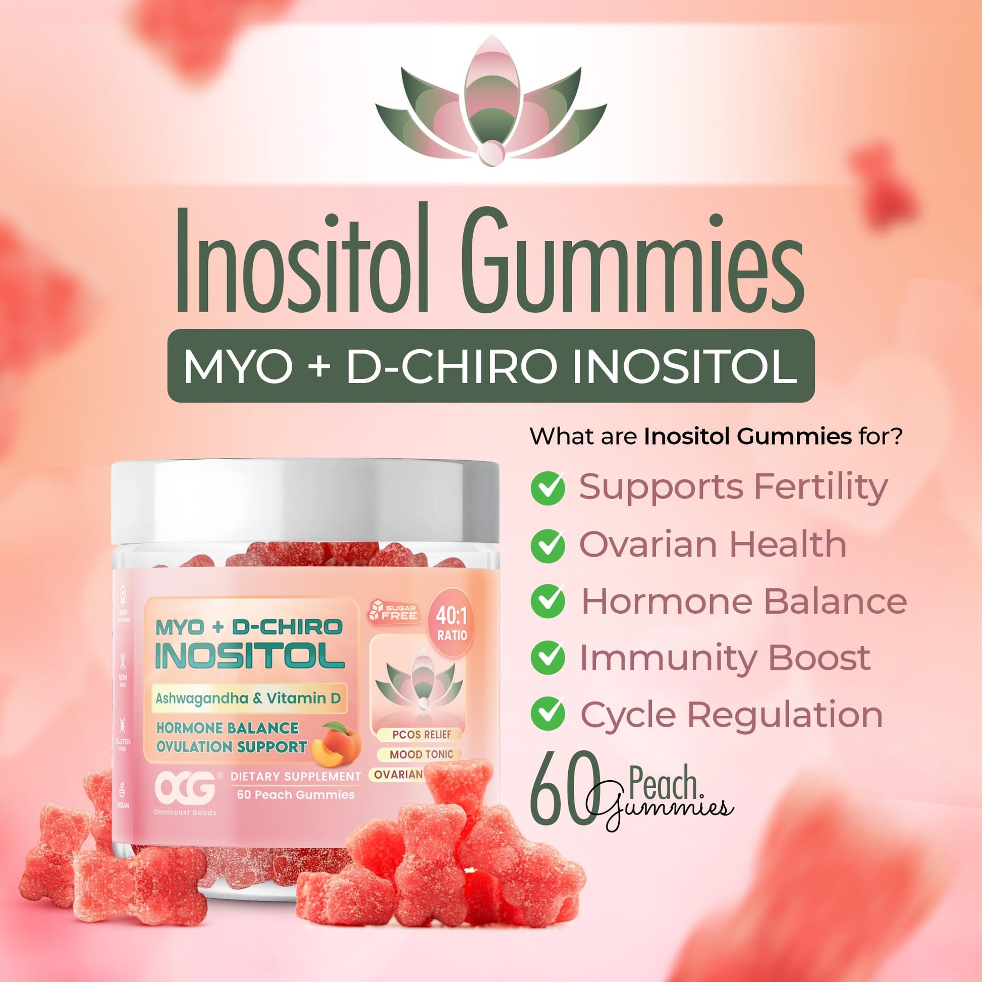 OMNICOAST GOODS, OCG Myo-Inositol & D-Chiro Inositol Gummies with Ashwagandha | PCOS Support | Ovulation & Mood Support, 40:1 Ratio Inositol for Hormone Balance, Sugar-Free, Non-GMO (60 Gummies) OMNICOAST GOODS, OCG uk supplements