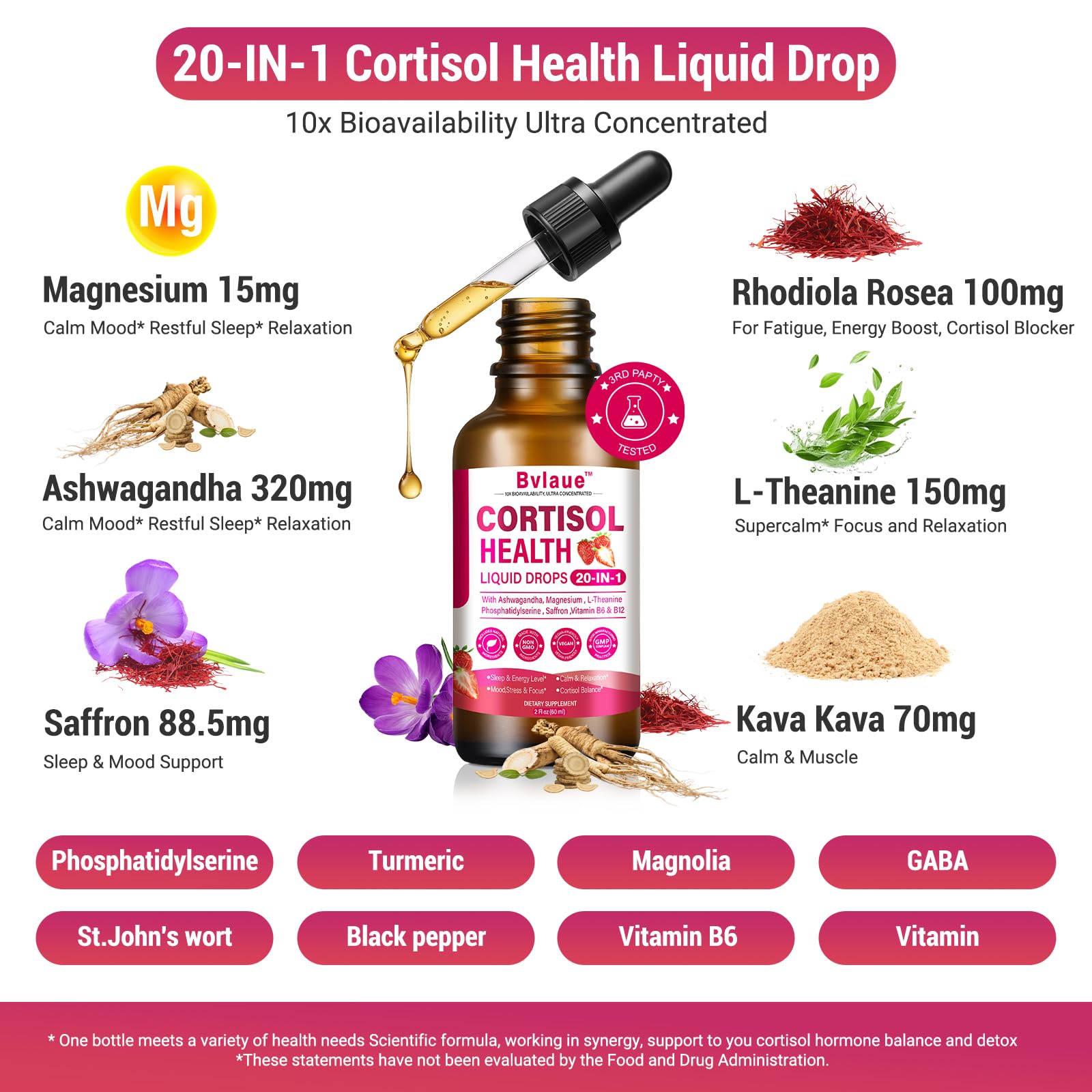 Bvlaue Cortisol Supplements Detox for Women - 20-in-1 Cortisol Reducer,Manager,Lower w/Ashwagandha,Magnesium,L-Theanine,Saffron,Rhodiola for Hormone Balance/Sleep/Stress Relief,Strawberry Flavor Bvlaue uk supplements