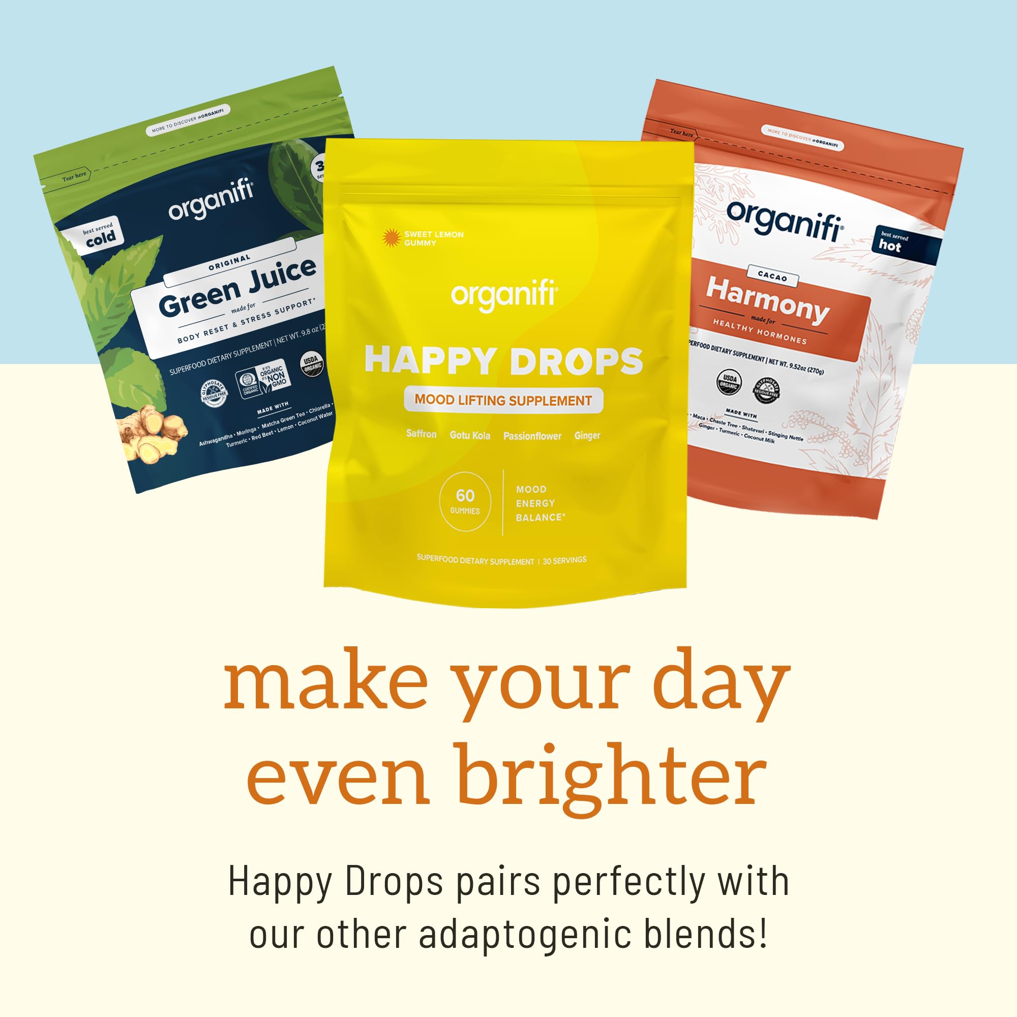 Organifi Happy Drops - Daily Superfood Happy Gummies for Adults - Mood Support Supplement for Balance, Bliss, Energy and Taking the Edge Off - Sweet Lemon Flavor - 60 Gummies Organifi uk supplements