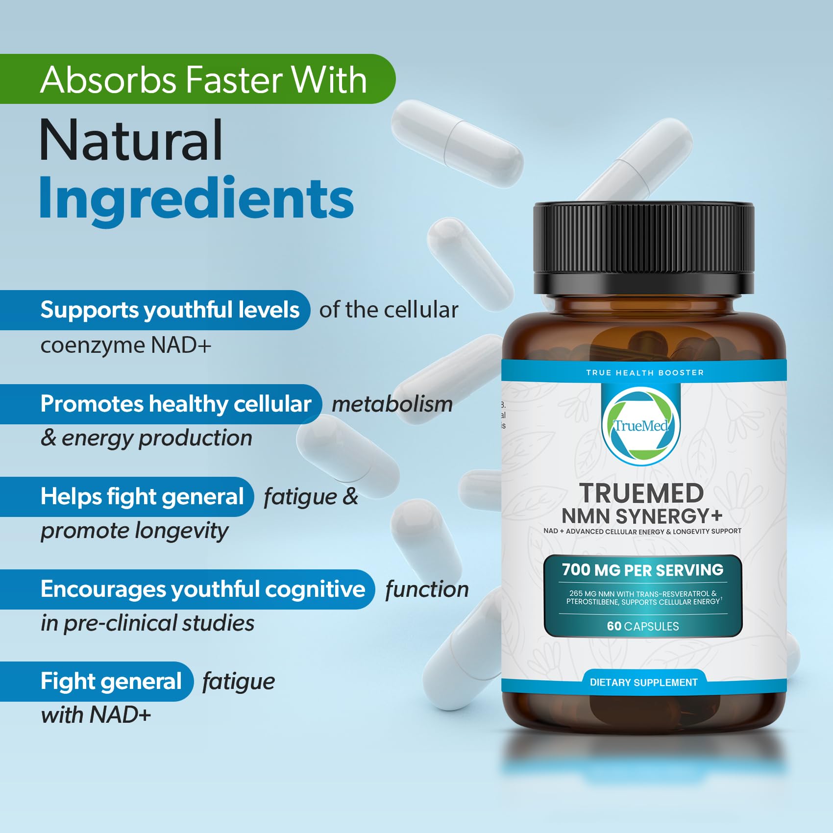TRUEMED NMN Synergy+ 700mg – Premium NMN Supplement with Resveratrol & Pterostilbene | Advanced NAD+ Supplement for Cellular Energy, & Wellness Support | Non-GMO, Vegan, 60 Capsules TRUEMED uk supplements