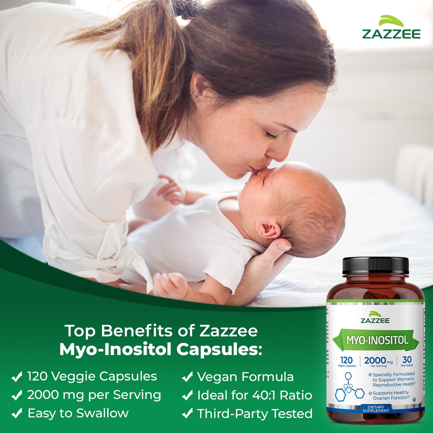 Zazzee Myo-Inositol Capsules, 2000 mg per Serving, 120 Vegan Capsules, Ideal Dosage for 40:1 Ratio, Certified Kosher, Hormone Balance & Healthy Ovarian Function Support, Non-GMO, Made in The USA Zazzee uk supplements