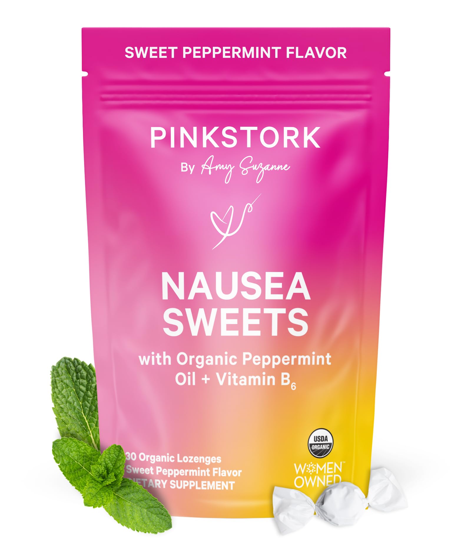 Pink Stork Organic Peppermint Sweets for Morning Sickness and Motion Sickness Support, Added Vitamin B6, 1st Trimester Pregnancy Must Haves - 30 Wrapped Peppermint Candies Pink Stork uk supplements